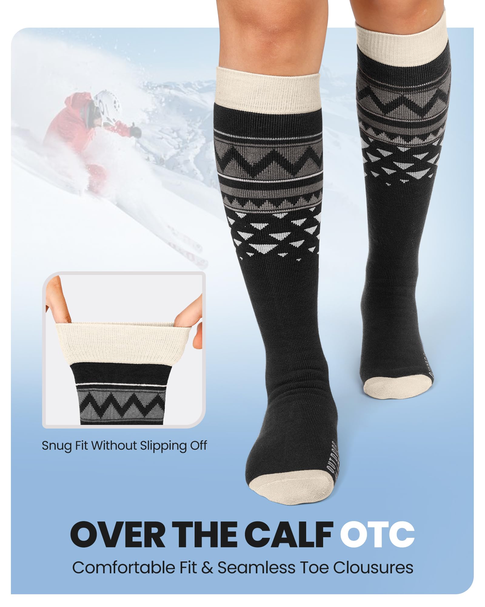 OutdoorMaster Chaussettes de ski, Lot de 2 Paires de Chaussettes de Ski et de Snowboard Pour Homme et Femme avec Design OTC avec Manchette Antidérapante