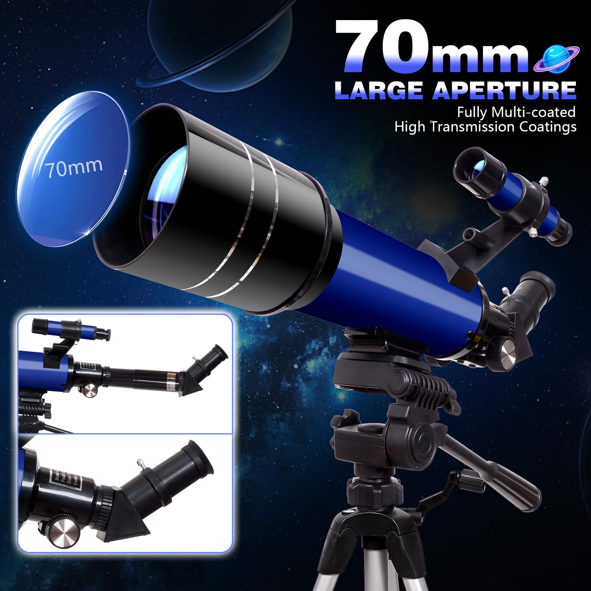 Telescopi per astronomia per adulti, apertura 70 mm, 400 mm, telescopio rifrattore professionale 200X per bambini e principianti, telescopio da viaggio compatto e portatile con borsa per il trasporto
