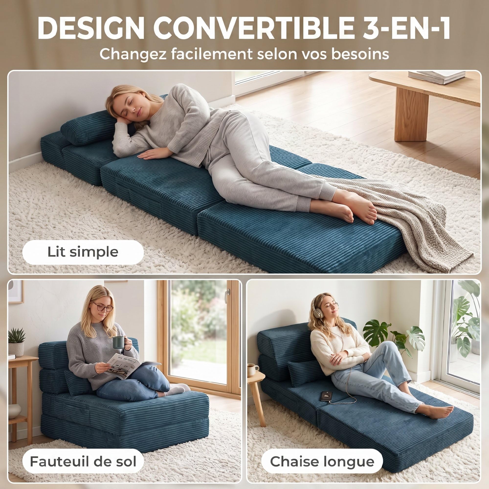 HOMCOM Canapé-Lit Pliant 3 en 1 Chauffeuse 1 Place Convertible Bleu