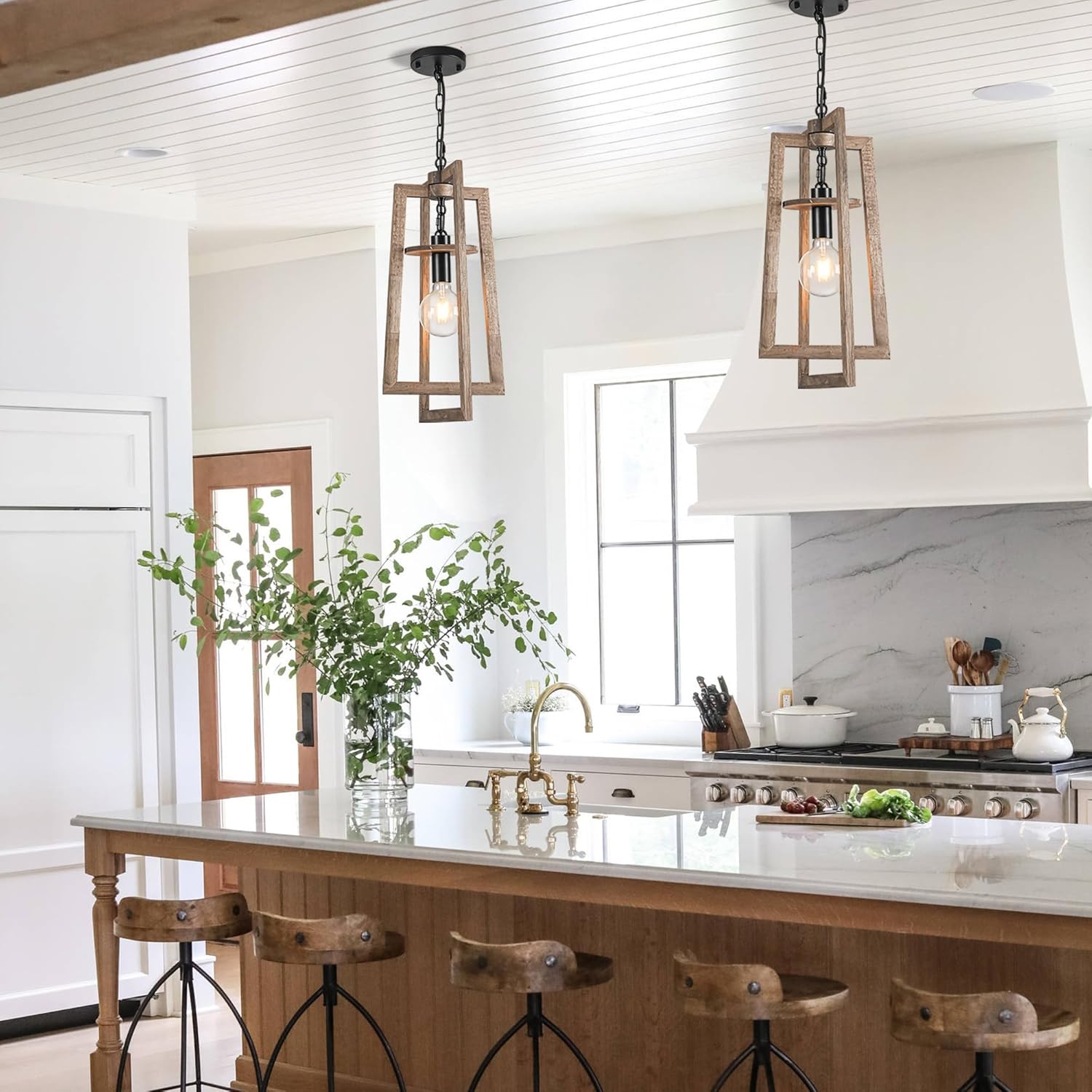 12.3'' Dining Room Light Fixtures Wood Pendant Light Adjustable Farmhouse Chandelier Semi Flush Mount Ceiling Light for Kitchen Island Dining Room Entryway Living Room Entrance Hall