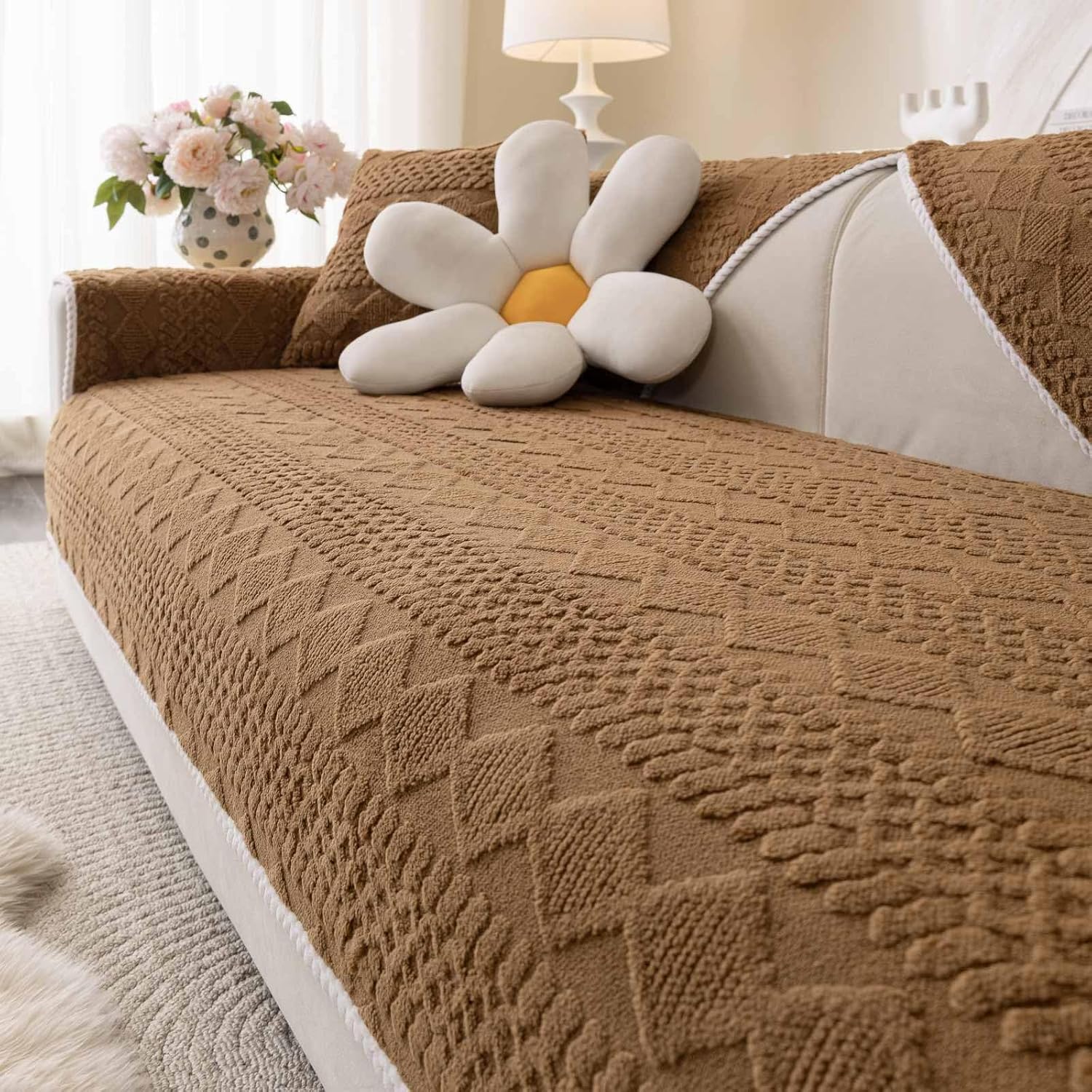 Soft Plush Couch Cover, Non Slip Fluffy Sectional Sofa Covers for 3 Cushion Couch Sofa L Sharped Sofa Slipcover for Pets, Furniture Protector (1 PCS 36"x94" Khaki)