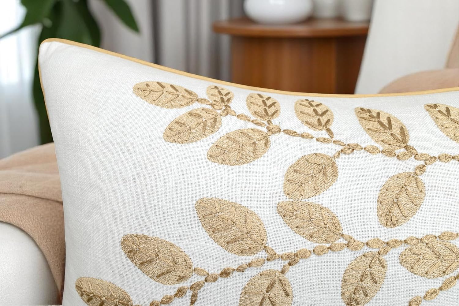 Rudransha Hand Embroidered Cotton Lumbar Pillow Cover - 14x24 Ivory Decorative Accent - Hazel Leaves