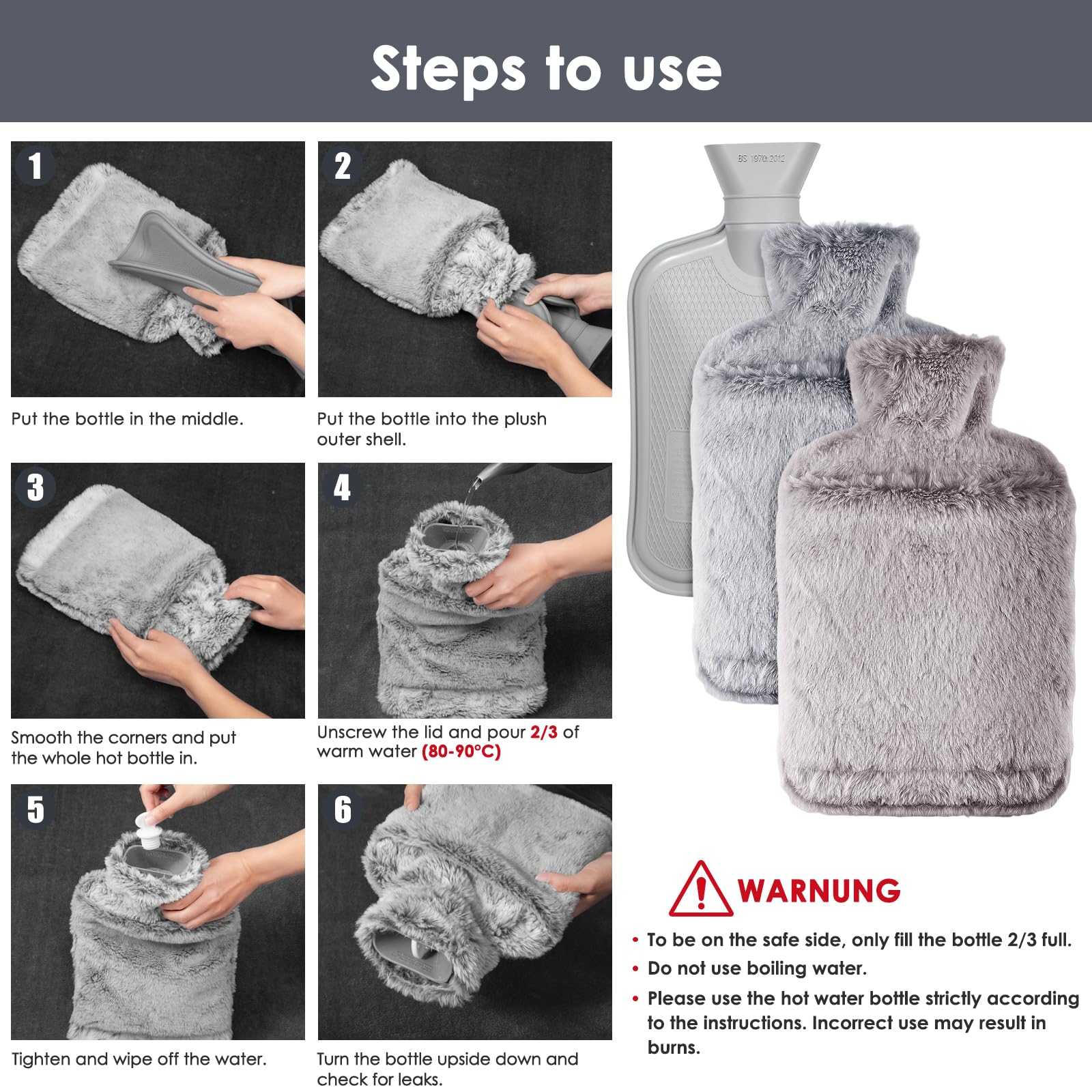 BOLEi Bolsa De Agua Caliente Con Funda, Bolsa De Agua Caliente Peluche Con Bolsillo De Canguro, 2L, Regalos para hombres y mujeres (Gris)
