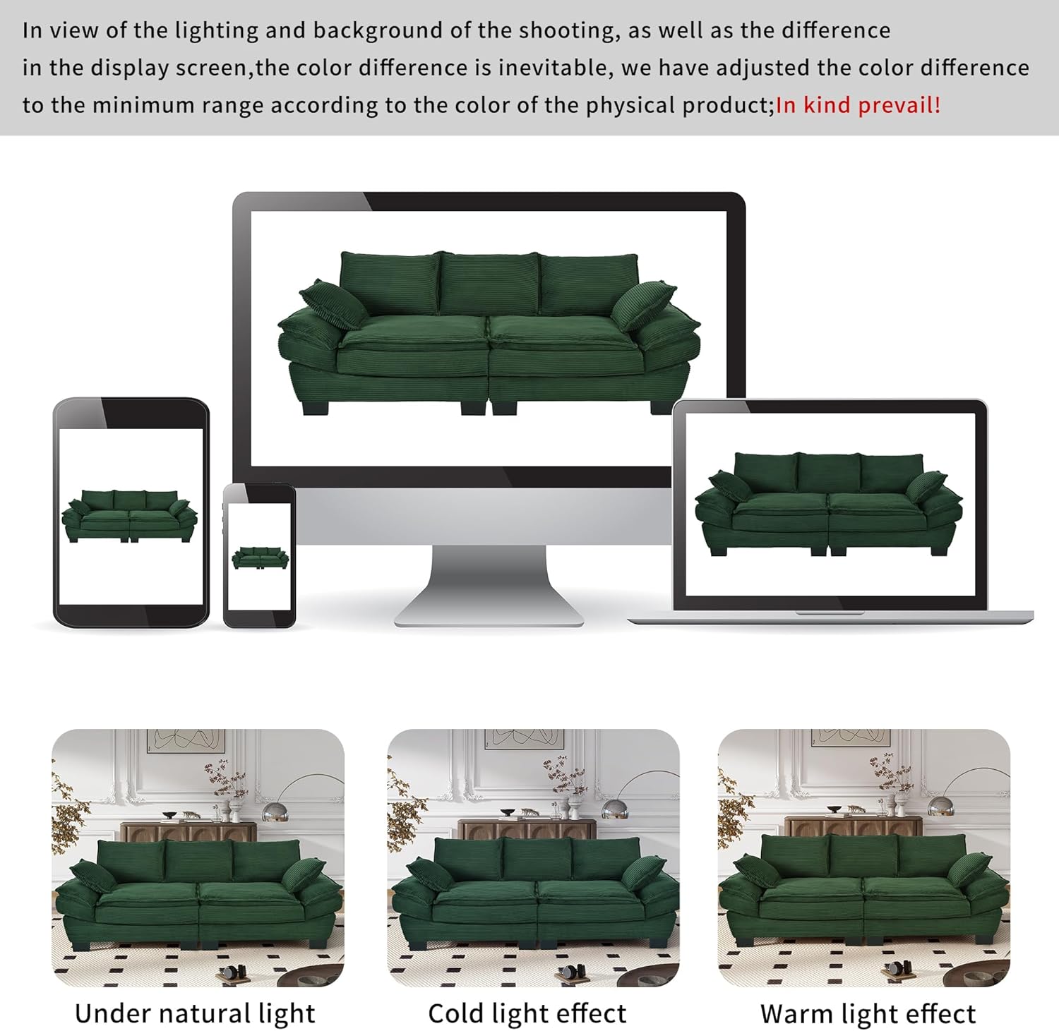 85.4" U-Shaped Curved Sofa, Modern Futon Design,Upholstered Loveseat with 2 Throw Pillows, Corduroy Fabric Couch for Living Room, Bedroom, Apartment (Dark Green)