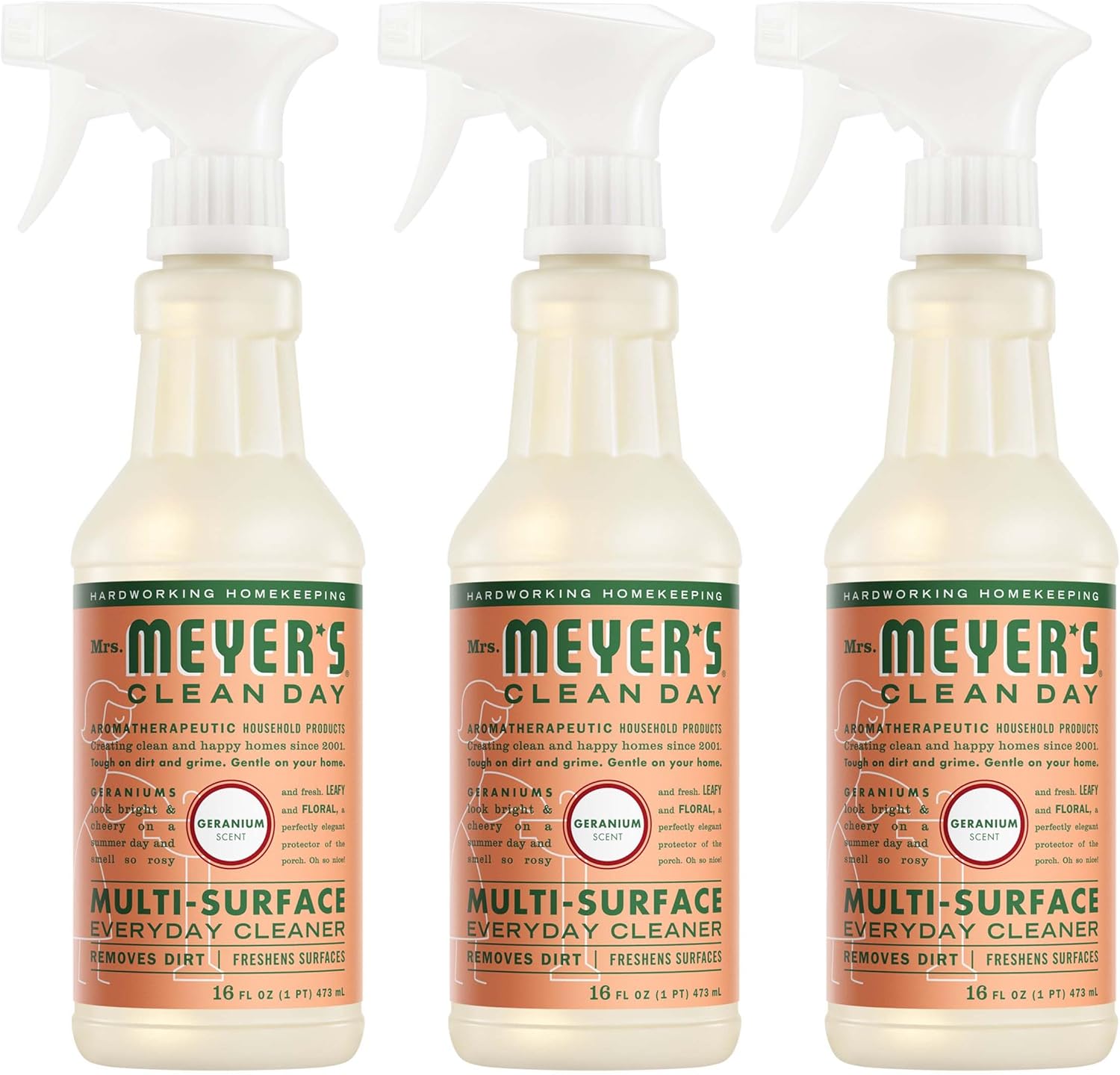MRS. MEYER'S CLEAN DAY Multi-Surface Everyday Cleaner, Geranium Scent, 16 Fl Oz Bottle - 3 Pack