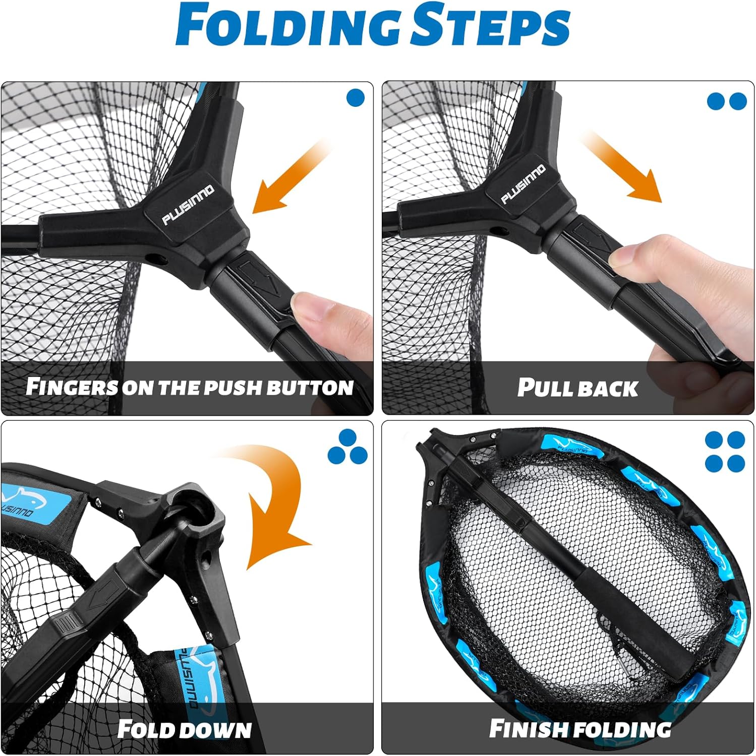 PLUSINNO Fishing Net Fish Floating Landing Net, Kayak Nets with Fixed Foldable Telescopic Pole Handle, Bass Trout Fishing Nets with Nylon Mesh for Pond Lake River, Fishing Gear Gifts for Men Anglers