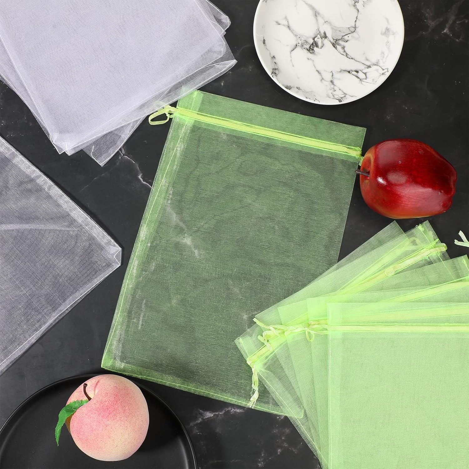 Woanger 300 Pcs Fruit Protection Bags 6 x 8'' Fruit Bags for Fruits Trees Green Netting Fruits Cover Bag with Drawstring Mesh Fruitage Protector Pest Barrier for Grapes Tree Veggies Garden Vegetable