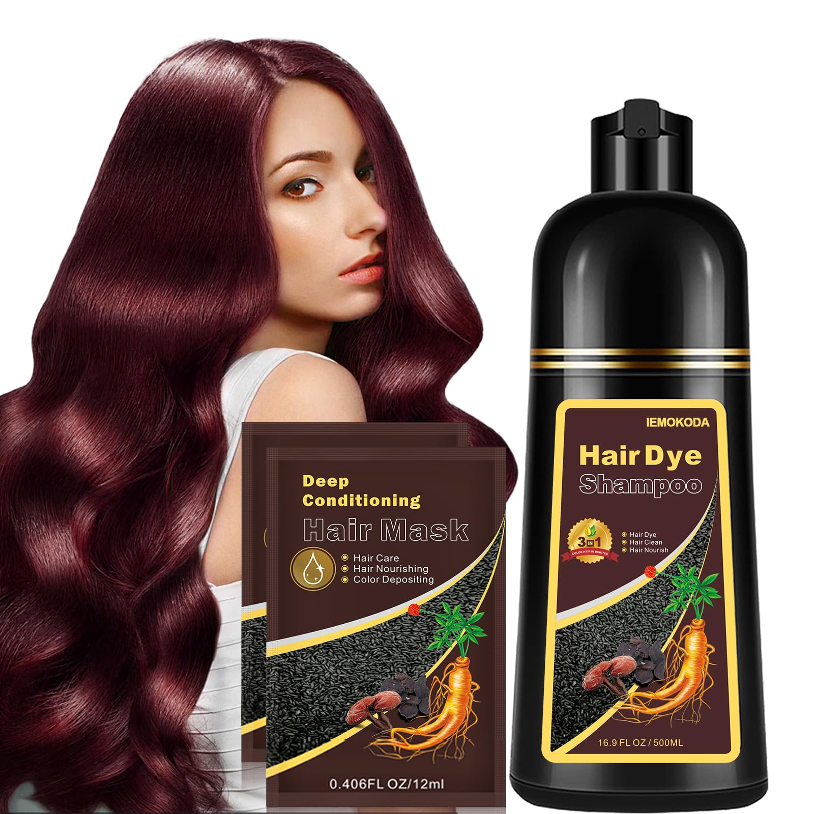 Natural Hair Color Shampoo for Gray Coverage, Instant Red Hair Dye Shampoo 3 in 1, Shampoo Hair Dye Works in Minutes, Red Hair Shampoo, Shampoo Para