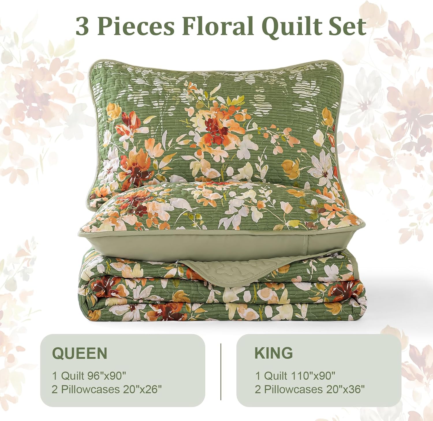 Dobuyly Green Floral Quilt Set King Size, Botanical Flowers Bedspreads Coverlet Set, 3 Pieces Soft Lightweight Microfiber Quilt Bedding Set for All Seasons 110"x90" - Image 7
