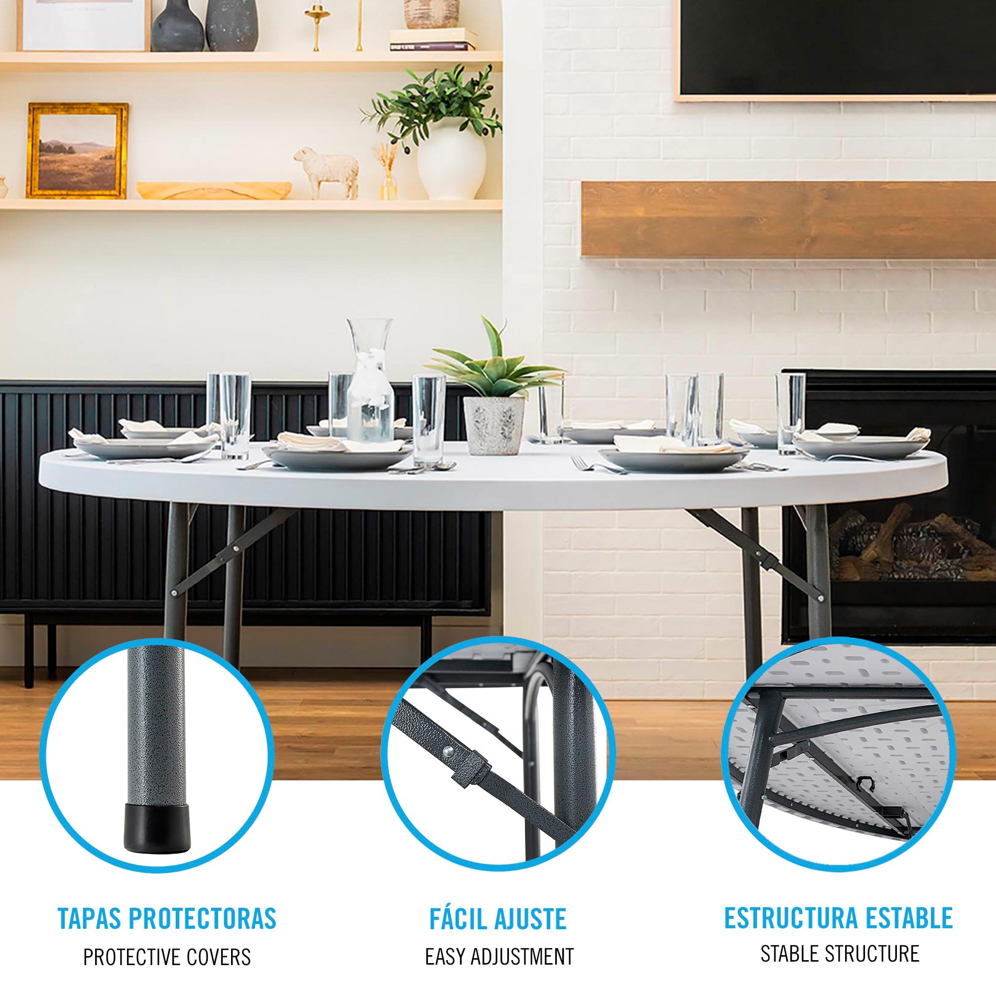 PEAKFORM Mesa Redonda Plegable, Medidas 180x74cm, Ultrarresistente Blanco Granito, Mesa Exterior, Interior, para jardín, Terraza, Eventos, Catering, Mesas Grandes (92128)