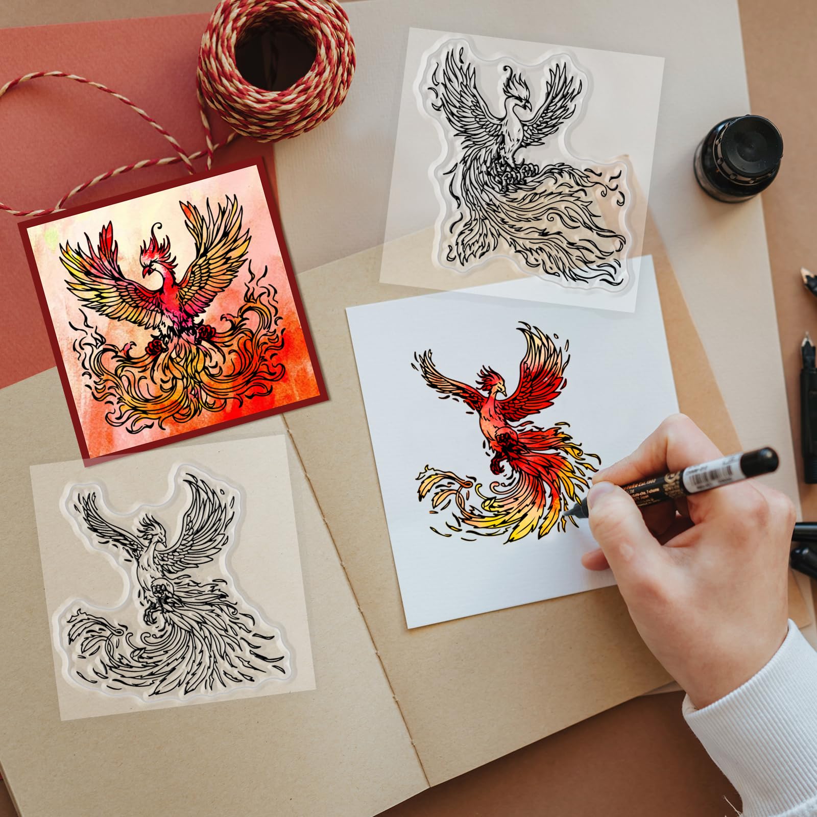 GLOBLELAND Lot De 4 Feuilles De Tampons Transparents En Silicone Motif Dragon Et Paon Pour La Fabrication De Cartes - Motif Lune Magique - Tampons Transparents Pour Scrapbooking, Journaux, Album Photo