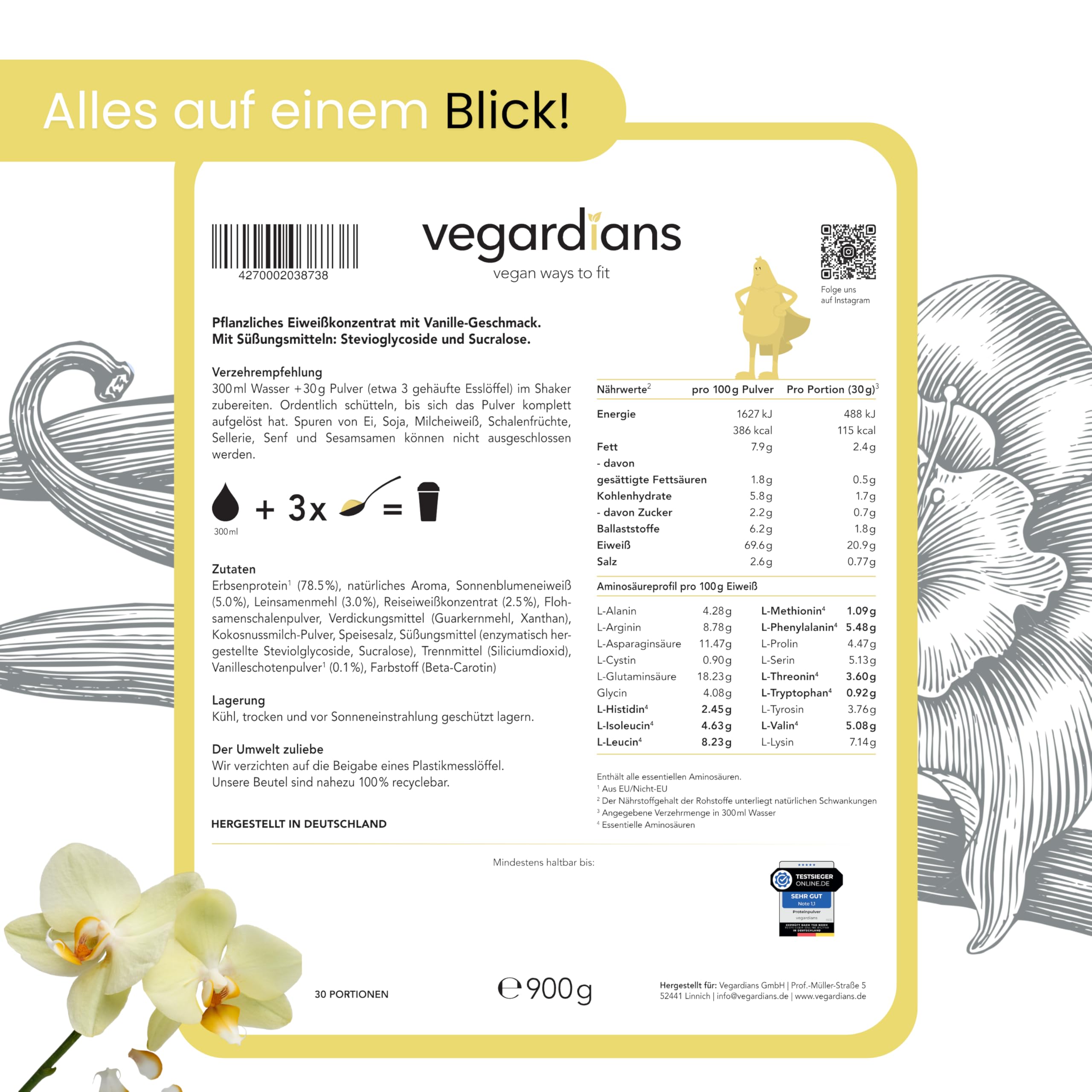 Veganes Proteinpulver Vanille 900g – Pflanzliches Eiweißpulver ohne Laktose, Gluten & künstliche Aromen. Premium-Qualität mit natürlichem Vanillegeschmack