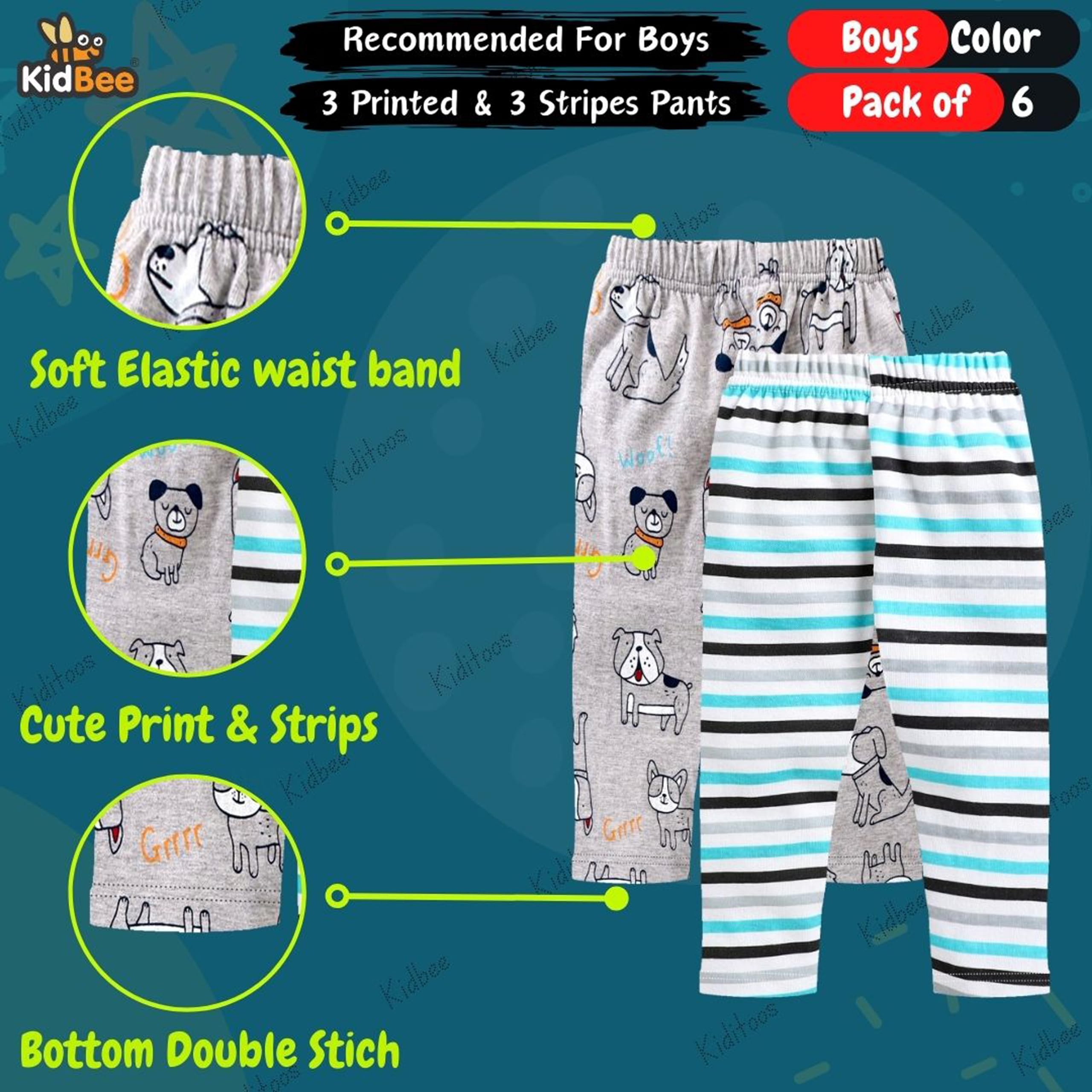 Kidbee Boys & Girls Soft Cotton Pajama Track Pants Printed (Regular Loose Fit) (Pack of 6) (9-10 Years, Boys-Color-6PC-NP) 2