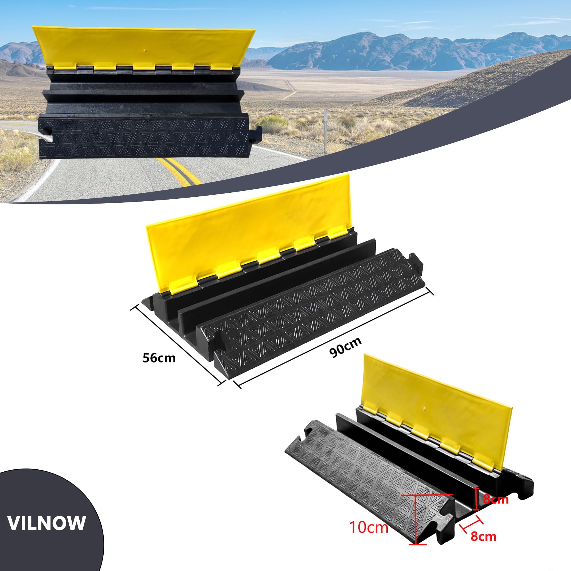 Tappetino protettivo per cavi a 2 canali, grande, 90 x 56 x 10 cm, protezione da attraversamento per cavi, ponte cavi, ponte per cavi esterno, per cavi 5T, pavimento in gomma per parcheggio (2