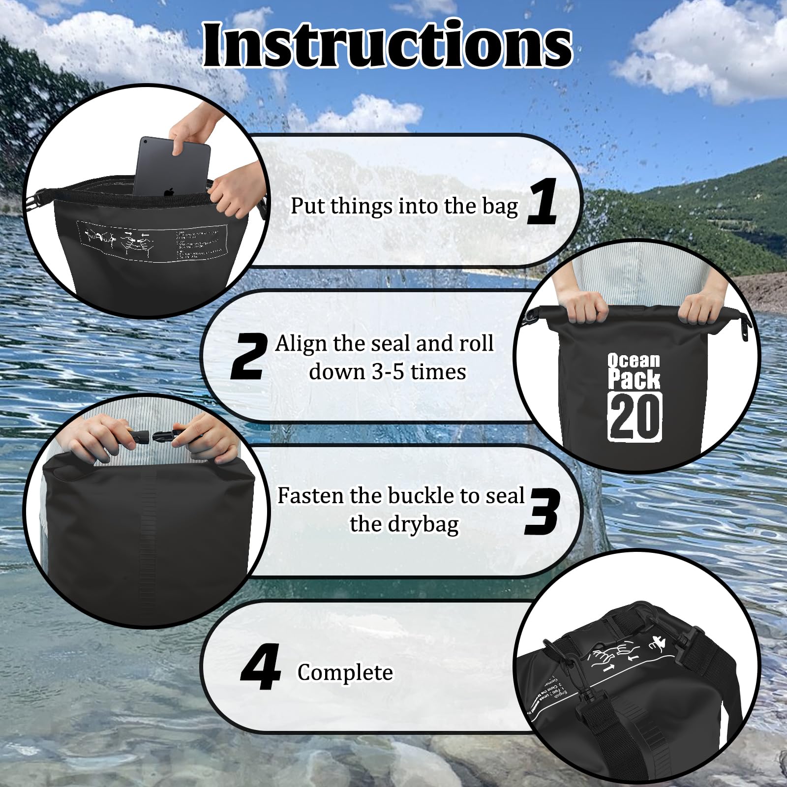 Gucass Dry Bag, 20 L Worek wodoszczelny Wodoszczelna torba regulowanym pasek na ramię, na Telefon Komórkowy, Regulowany Pasek na Ramię, na kemping, rafting, pływanie, surfowanie, Czarny