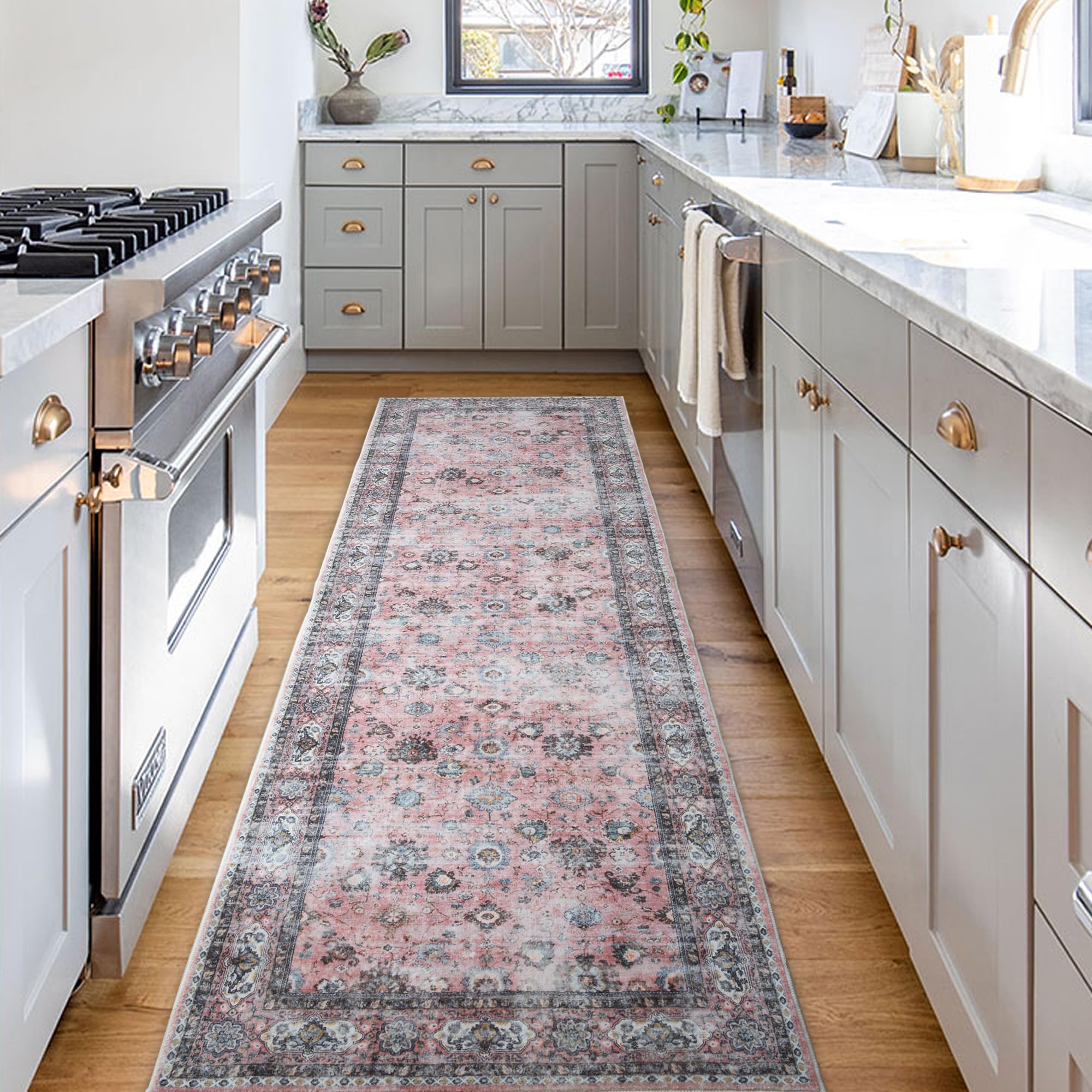 Rugcomf Runner Rug 2'6''x8' Hallway Runner Rug Washable Boho Rug Soft Area Rug Non-Slip Faux Wool Vintage Rug for Kitchen, Entryway, Laundry, Bedroom, Indoor (Pink)