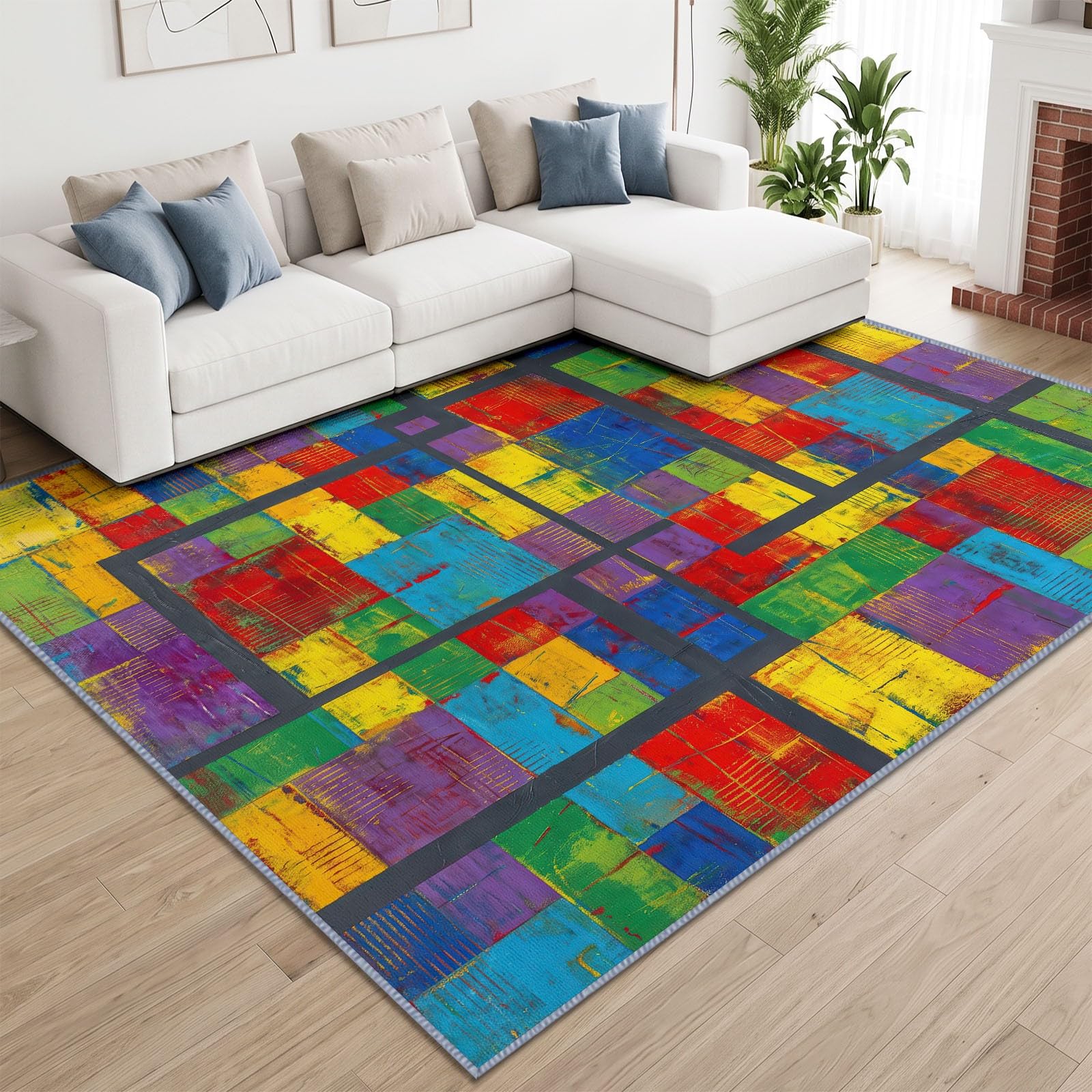 Modern Pop-Art Abstrakt Graffiti Kinderteppich Junge Mädche Rutschfest Farbecht, Regenbogenfarben Zerkratzt Raster Teppich 80 x 150 cm Waschbar Antiallergen für Wohnzimmer Schlafzimmer Esszimmer Büro