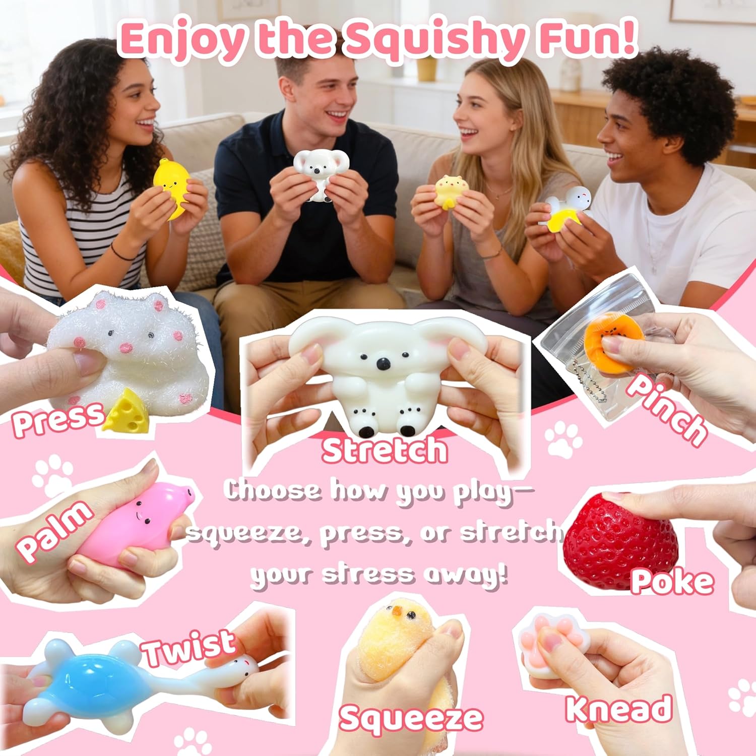 24 Pack Squishy Toys Kit, Ultra-Soft Squishies with Keychain & Storage Box, Sticky Squishy Sensory Squeeze Toys, Include Hamster, Strawberry, Chick Squishies for Stress Relief Party Favors