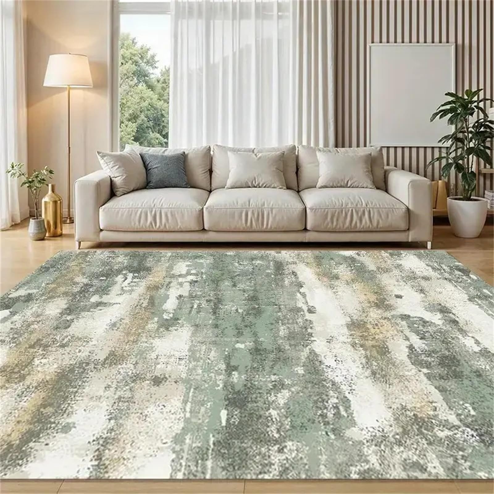 USHIRUG Abstract Area Rug, 180x300cm, Modern Marble Green and Beige Vintage Large Rugs, Soft Luxurious Easy-Care Non-Slip Washable Carpet Floor Mat for Living Room Bedroom Dining Room Office