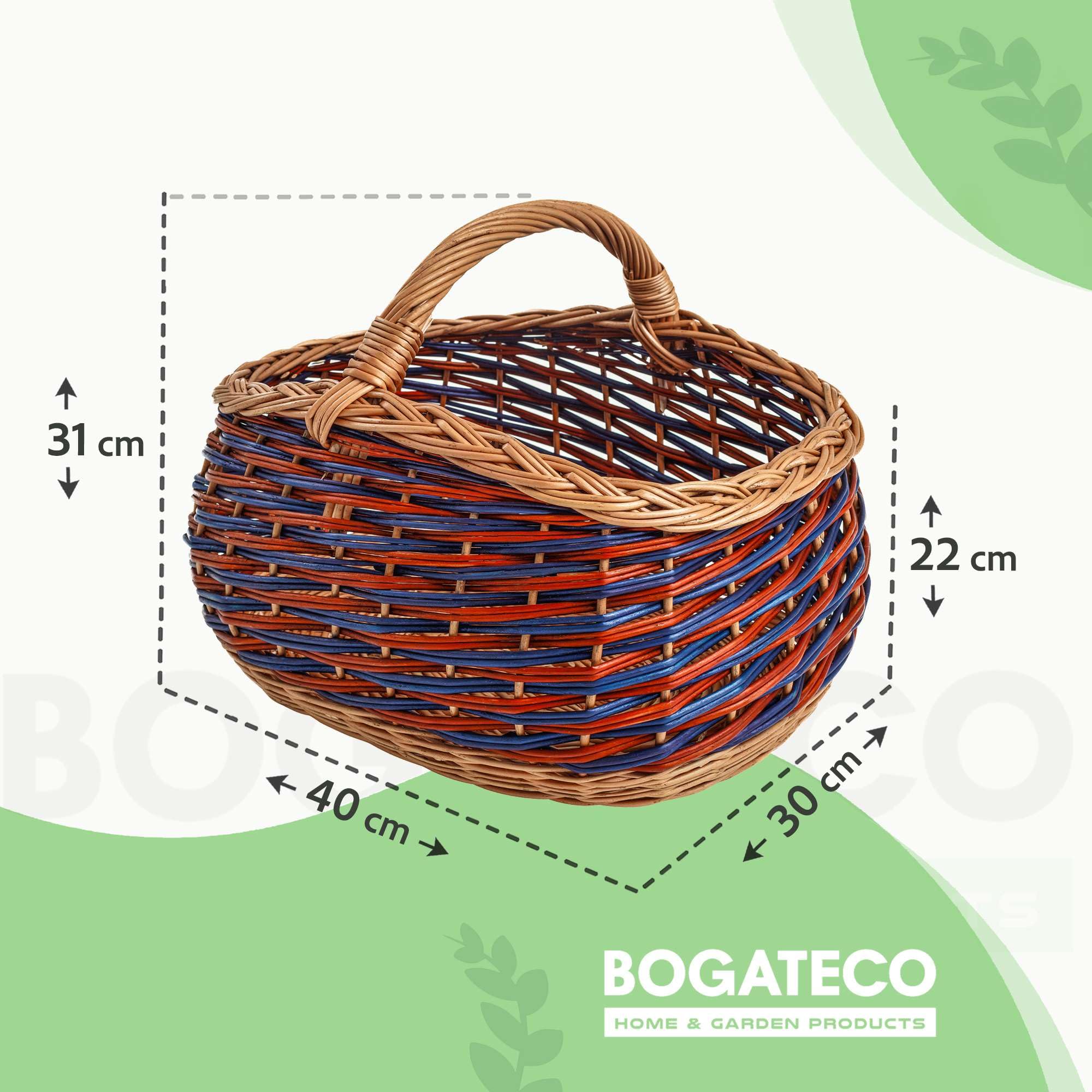 BOGATECO Cesta de la compra de mimbre natural con asa, 40 x 22 x 30 cm, tejida a mano, disponible en dos colores, azul