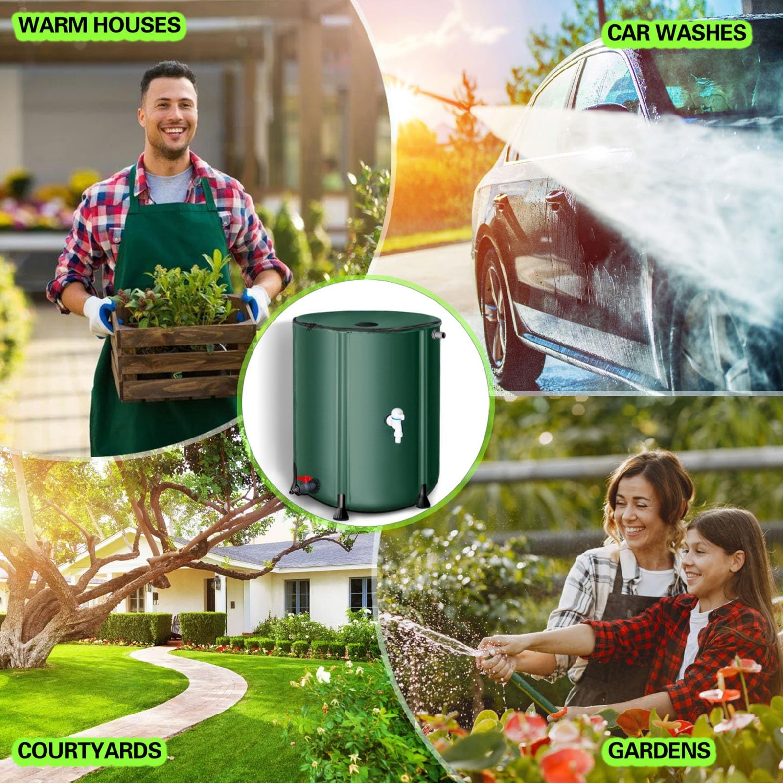 Barril de Lluvia Plegable de 50L a 1000L (13-264 galones) | Sistema portátil de recolección de Agua de Lluvia con Filtro de Malla | Tanque de Almacenamiento de Agua para riego de Jardines(380L)