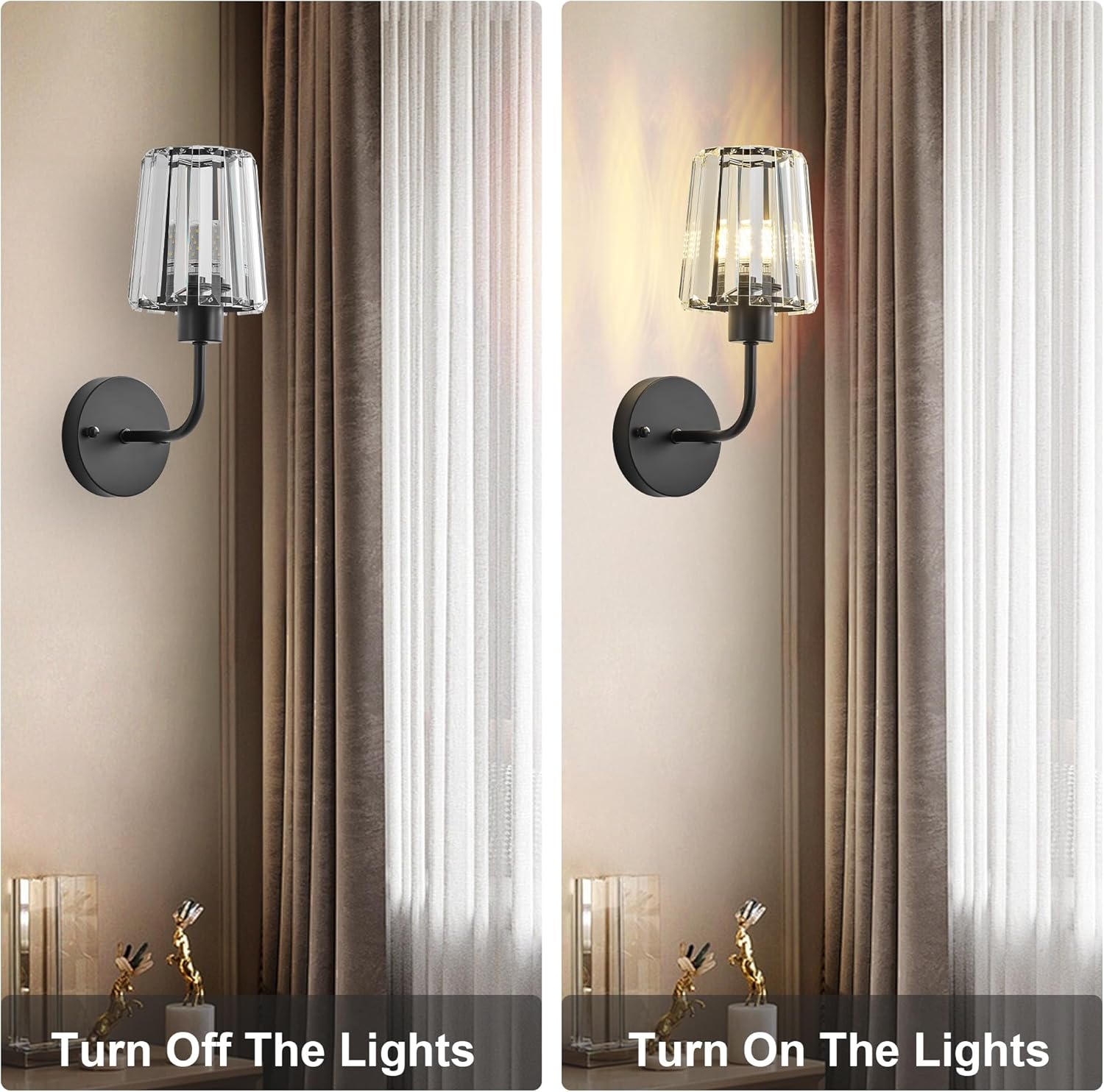 Hardwired Crystal Wall Sconces Set of Two - Dimmable Wall Light Fixtures 3000K, Warm White, for Hallway, Bathroom, Living Room, Bedroom, Black, 13 Inch