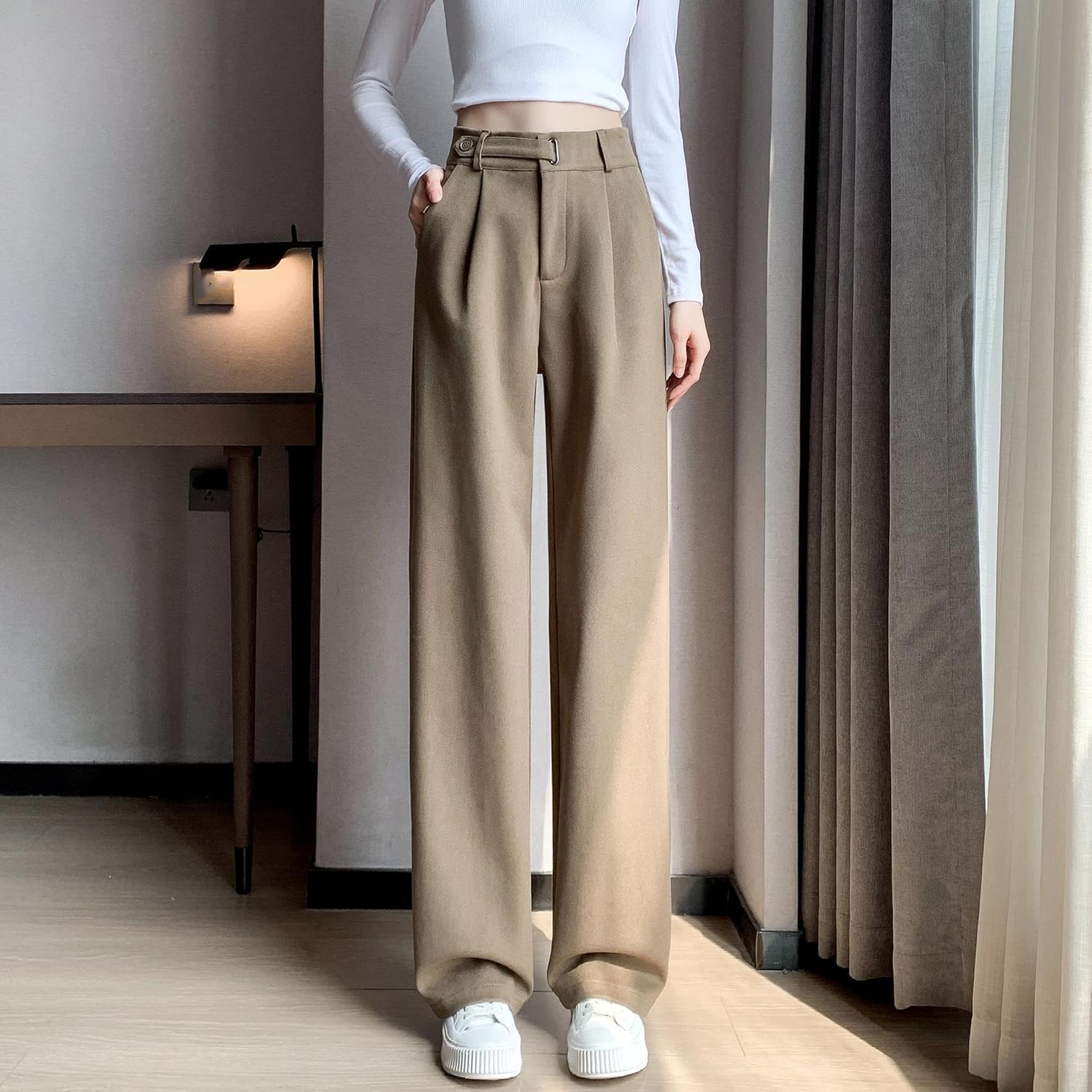 Women's Wool Loose Wide-Leg Pants, Autumn Winter Thickened Casual Straight-Leg