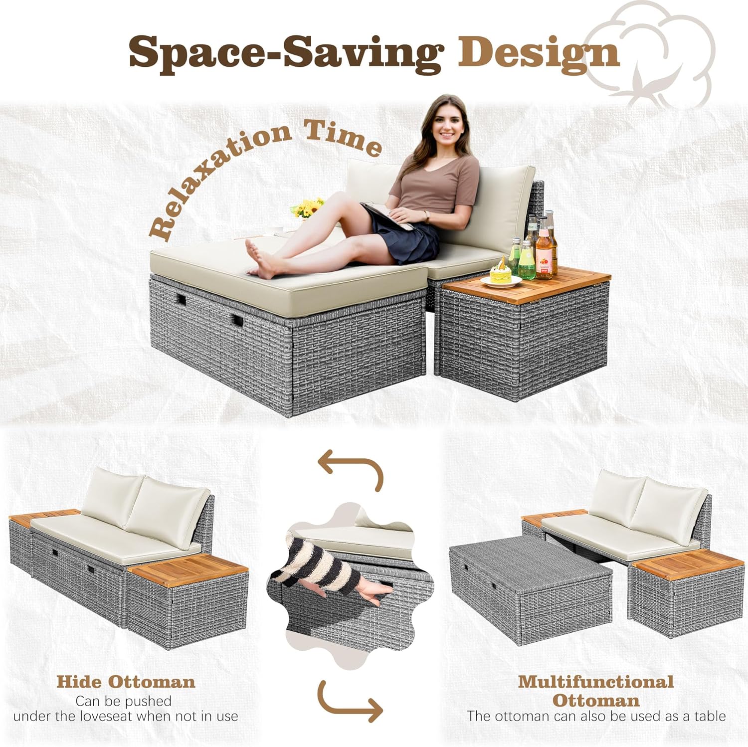 Flamaker Outdoor Rattan Daybed with 2 Side Tables, Multifunctional Wicker Patio Sofa with Storage Ottoman, Cushions, Sunbed Wicker Furniture Chaise Lounge Chair for Backyard Porch Poolside(Beige)