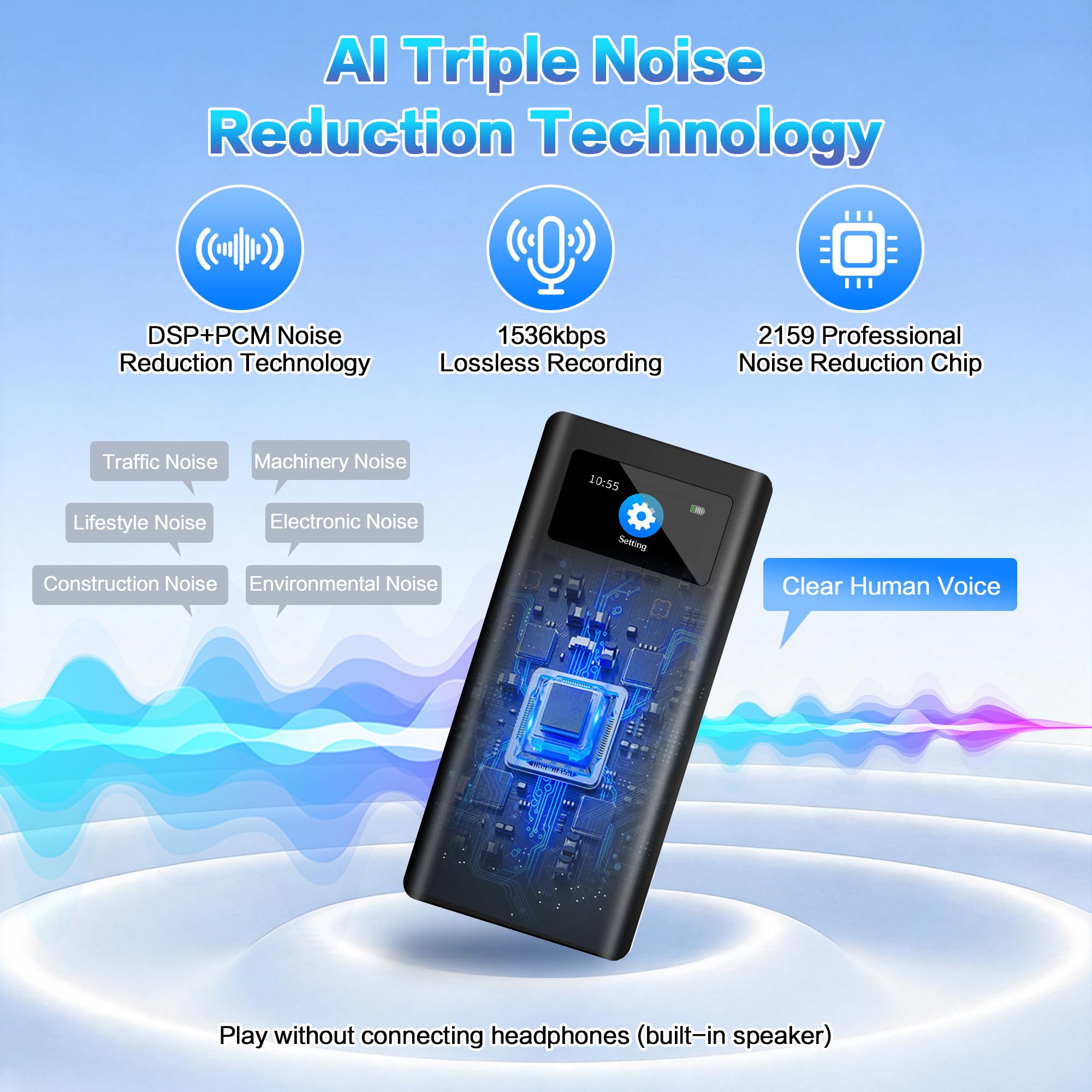 32GB Enregistreur Vocal Magnétique avec Autonomie 350h, Extension Carte TF, Lecture Haut-Parleur et Enregistrement en Un Clic, Appareil Portable USB‑C Reconnaissance Vocale