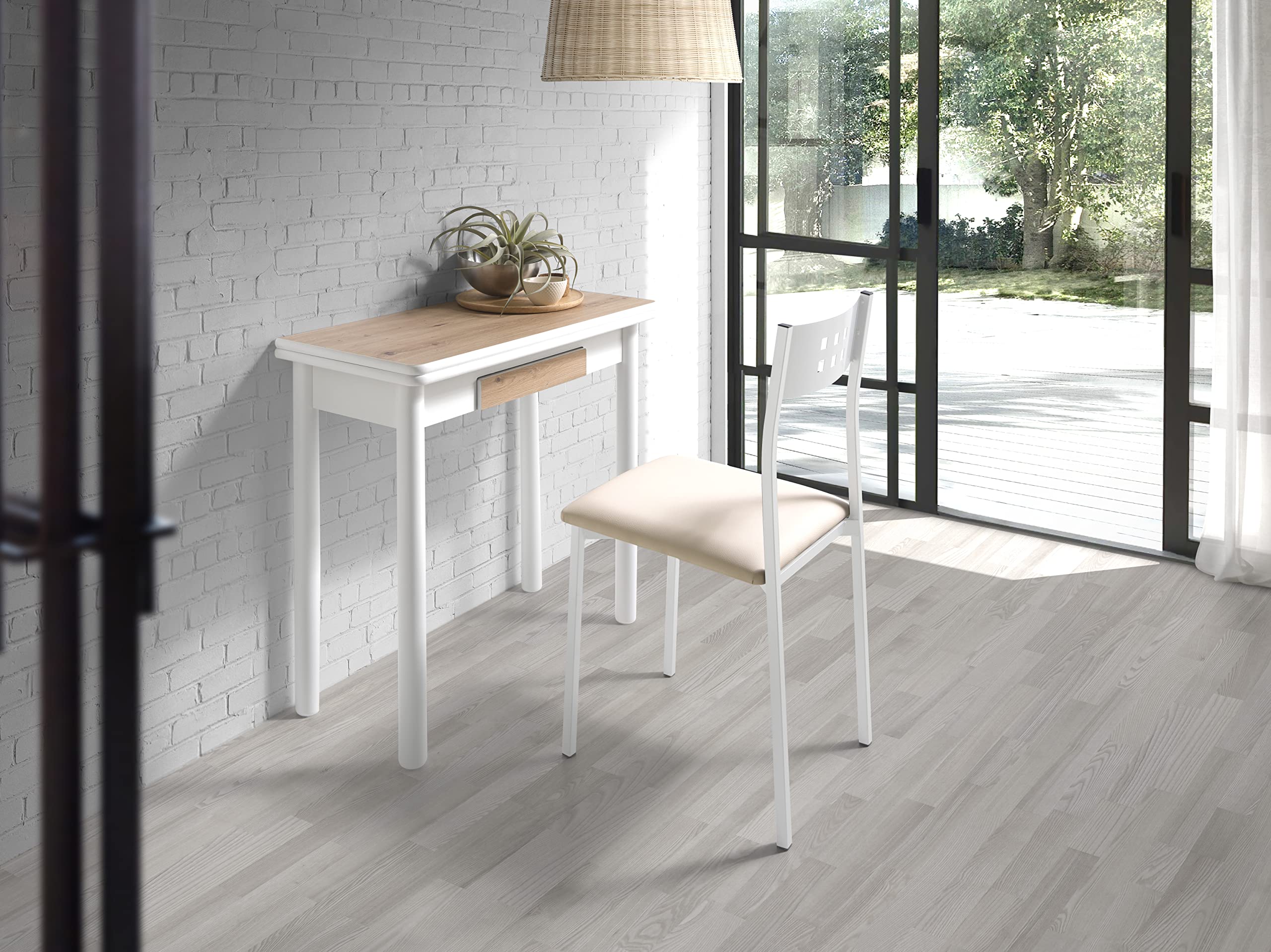 MOMMA HOME Mesa de Cocina Extensible y Abatible – Mesa de Comedor Moderna Plegable, Modelo Pompeya en Color Roble Rústico/Blanco, Medidas 80x40/80x78 cm