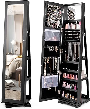 LOKO 360 Rotating Jewelry Armoire, Freestanding Jewelry Cabinet with Inside Makeup Mirror, 2-in-1 Lockable Jewelry Organizer w/Full-Length Mirror for Girls Women Black