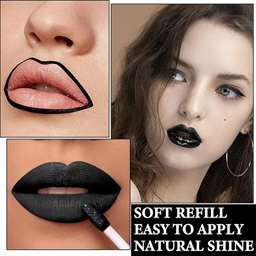 Miniatura 5 de Lápiz labial líquido negro mate, juego de delineador de labios y lápiz labial negro 3 en 1, brillo de labios mate de larga duración, terciopelo