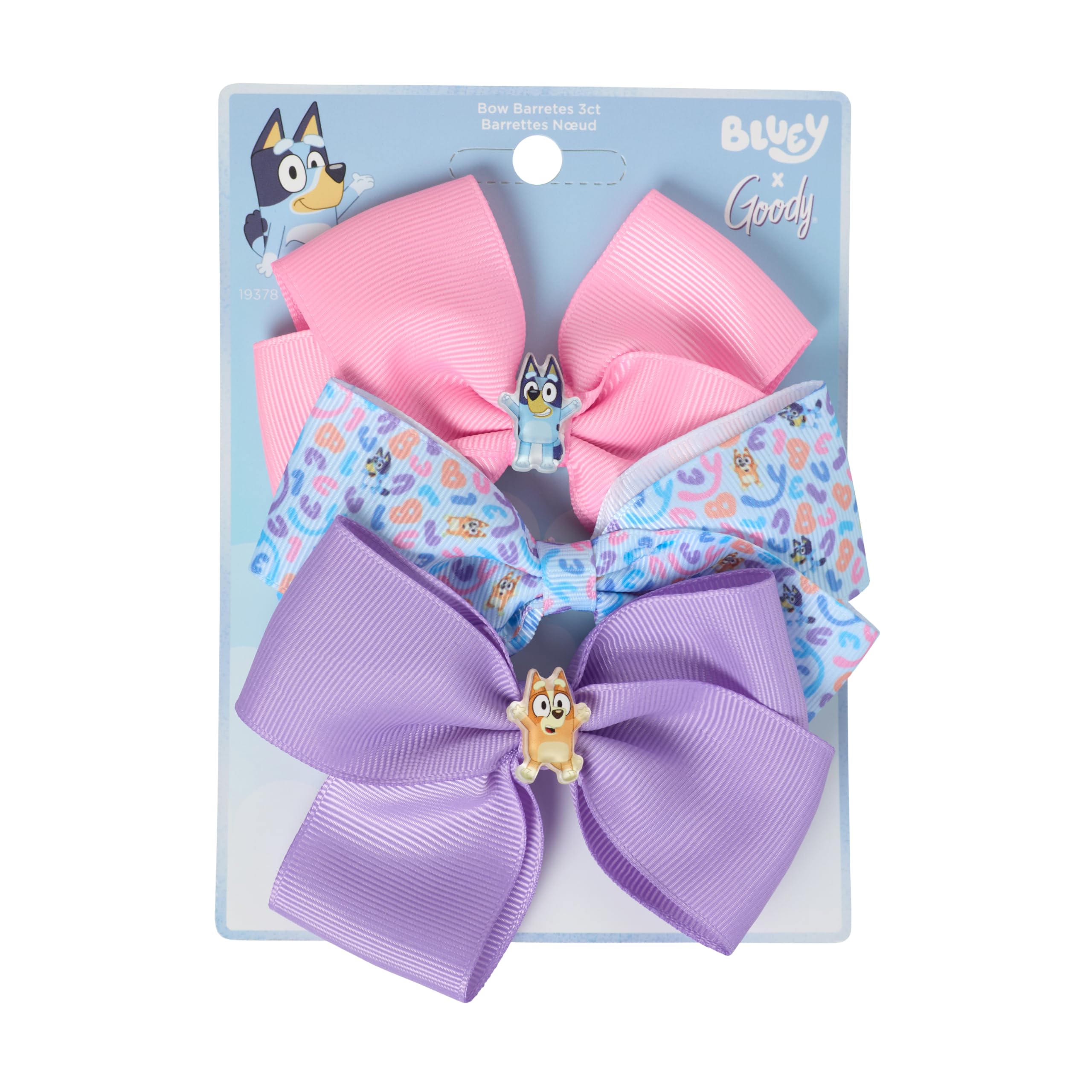 Goody x Bluey & Bingo Multicolor Bow Barrettes 3ct, For All Hair Types, SlideProof Hold, Blue, Pink & Purple