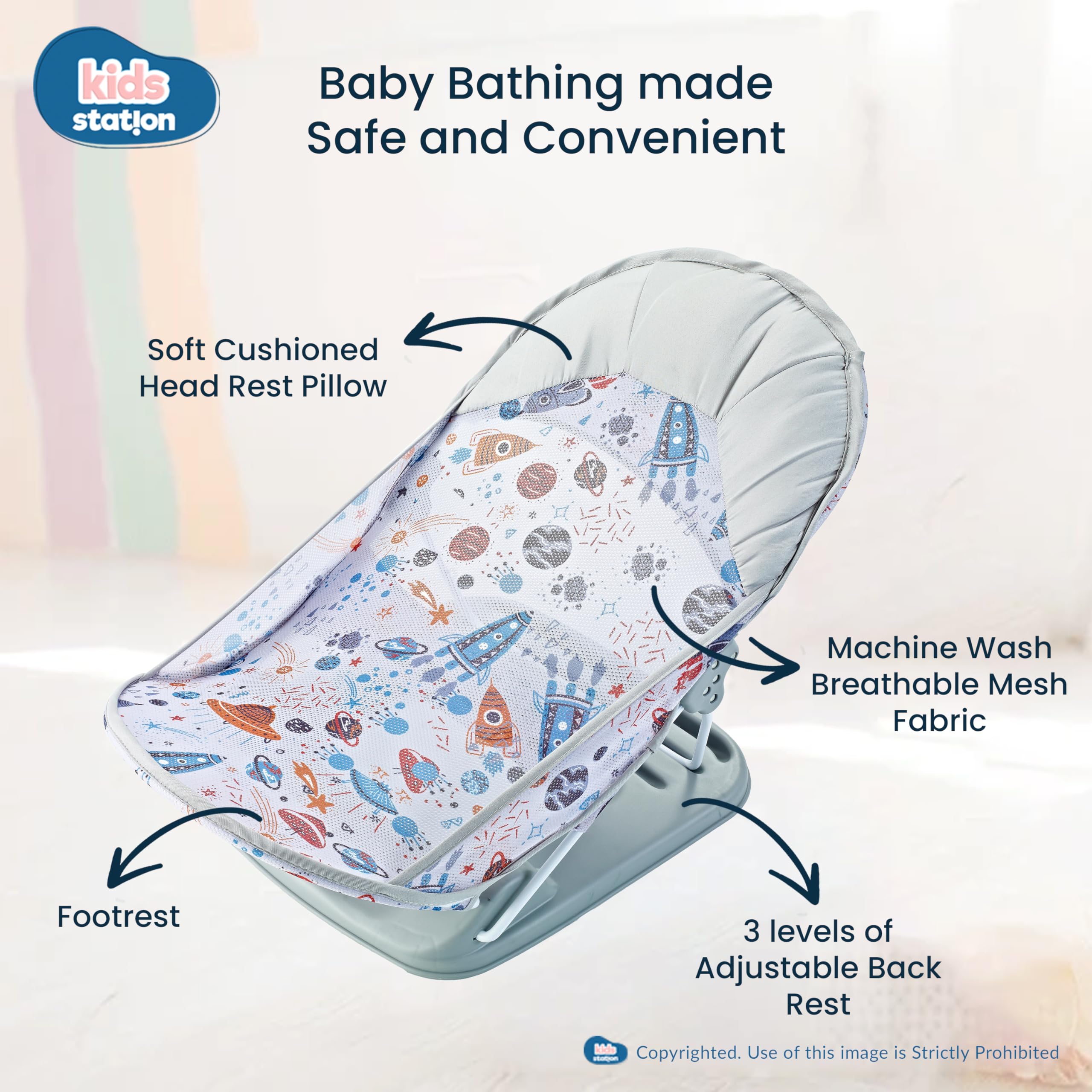 Kids Station Newborn Baby Bather | Bath Chair for Newborns and Infants 0-12 Months | Foldable | 3 Position Adjustable Chair | Anti Skid Base | Washable Soft Mesh Seat | for Babies Upto 5Kg (Grey) - Image 2 thumbnail