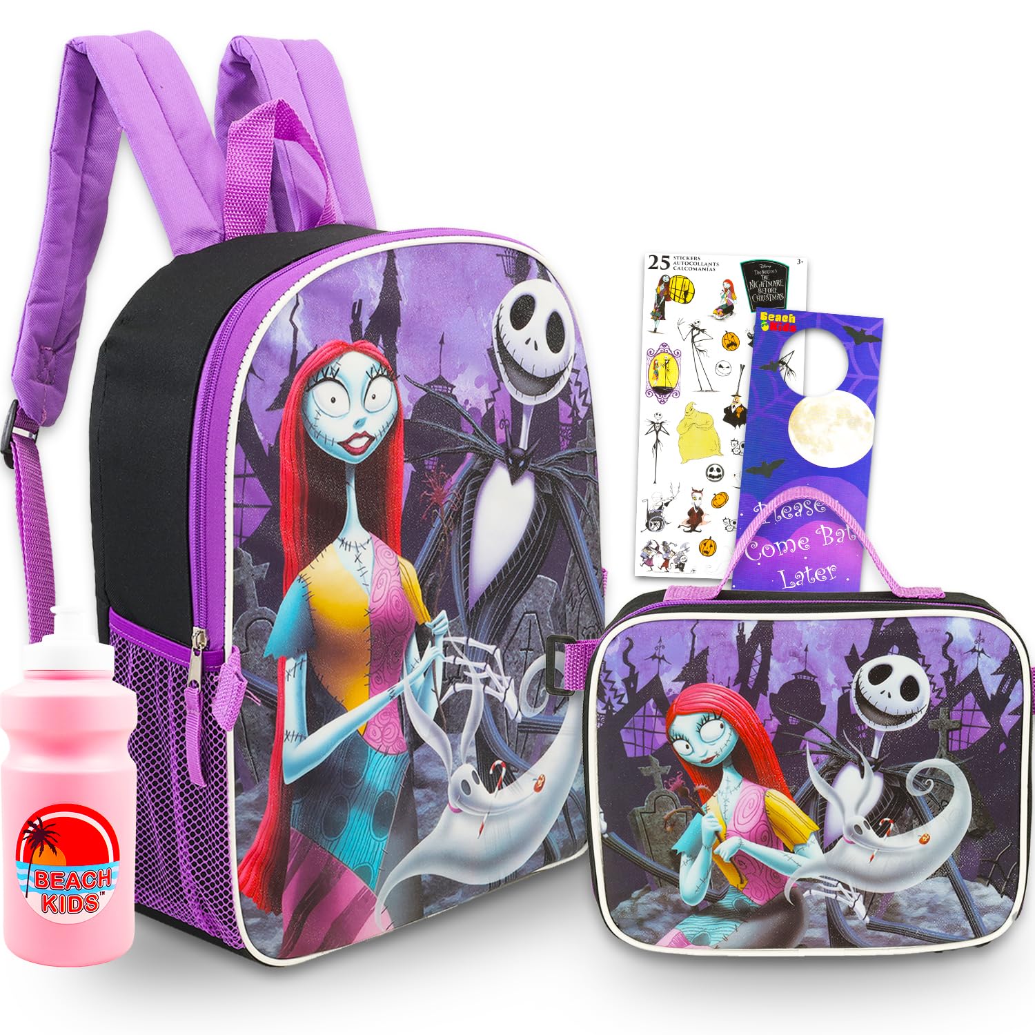 Nightmare Before Christmas Backpack with Lunch Bag - Bundle with 15" Jack Skellington School Bag, Lunch Box, Water Bottle, Stickers, More | Jack and