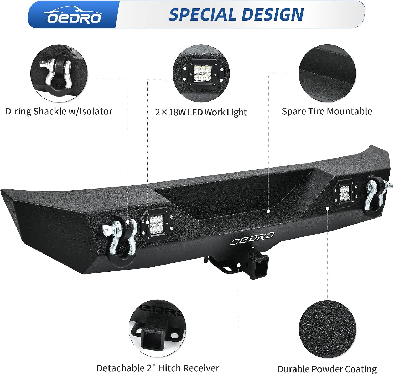 OEDRO Rear Bumper Combo Compatible for 07-18 Jeep Wrangler JK & Unlimited with 2" Hitch Receiver & 2 D-ring & 2x Square LED Lights, Star Guardian Design, Upgraded Textured Black Rock Crawler Off Road