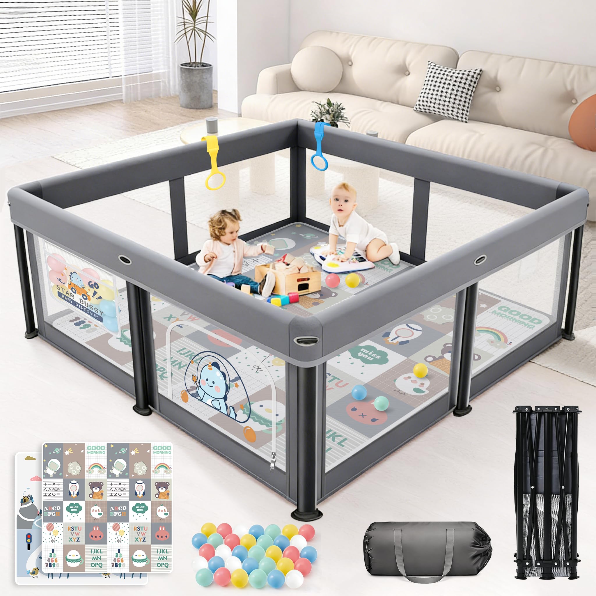 Box Bambini Pieghevole con Materasso 127×127cm, Recinto per Neonati e Bambini, Box Gioco Stabile e Sicuro per Interni ed Esterni