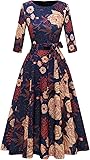 DRESSTELLS Cocktail Dresses for Women, Vintage Wedding Guest 3/4 Sleeves Formal Church Holiday Dress Navy Yellow Flower Medium