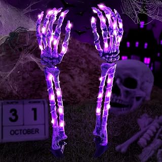 Light Up Halloween Decorations Outdoor Skeleton Hands Life Size, Halloween Yard Stakes Decor with 50 Purple LED Lights & Timer, Outside Bones Halloween Decor Props Graveyard Tombstones Lawn Decoration