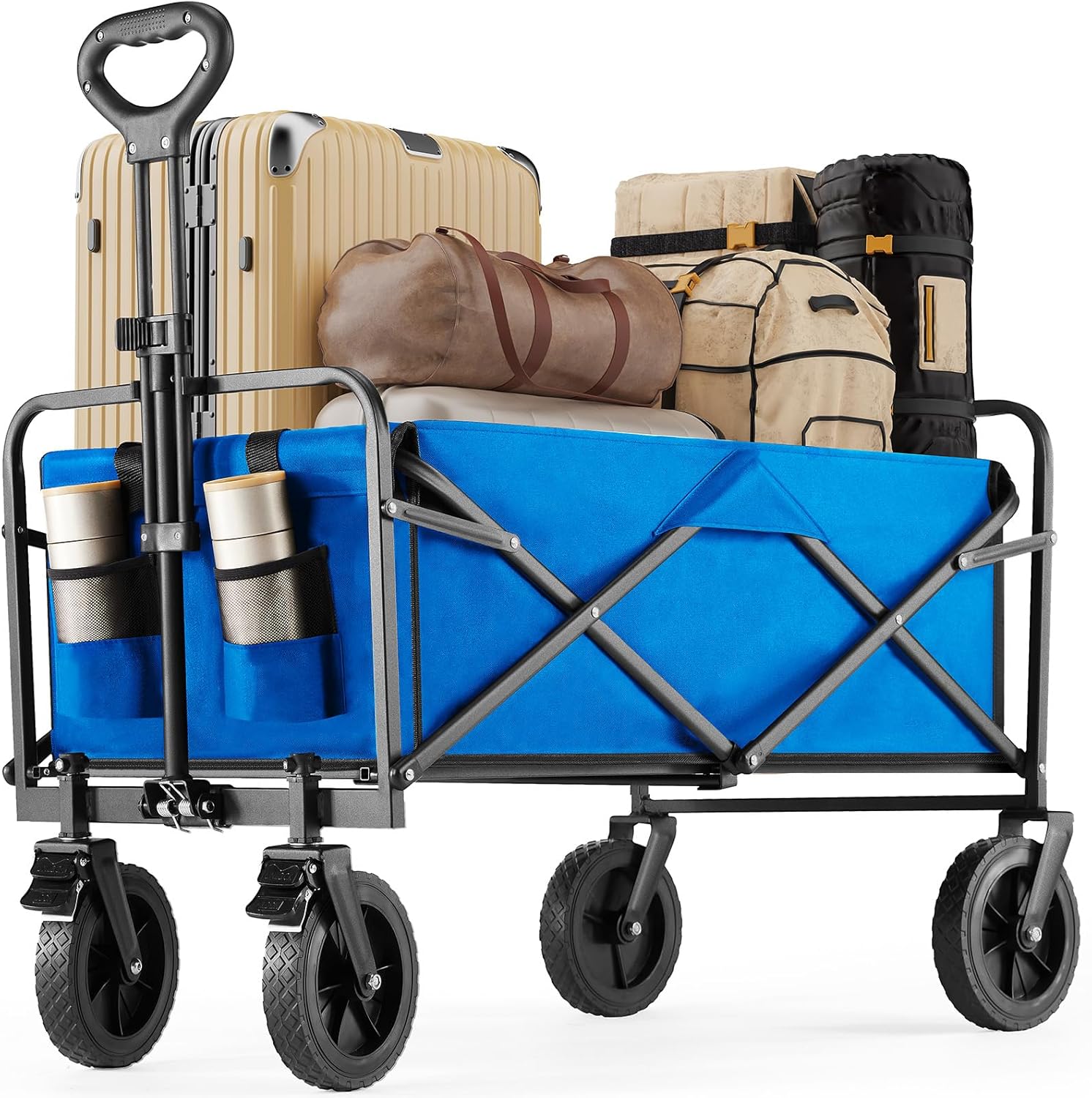 DUMOS Collapsible Wagon Cart Foldable, Heavy Duty Folding Wagon with Wheels, Lightweight Portable Folding Utility Shopping Cart for Grocery Sports Garden Camping Blue 170L