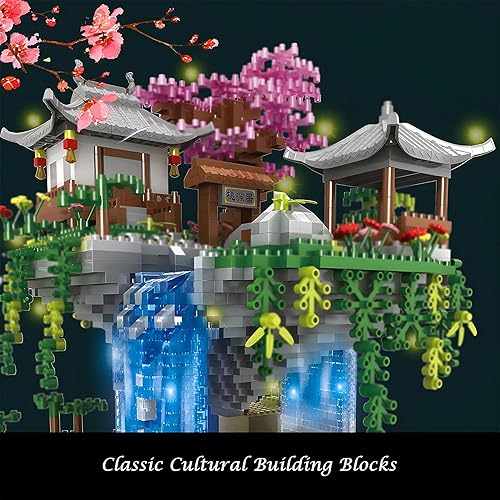 Miniatura 5 de Torre de grúa amarilla con planta de árbol Sakura, un famoso kit de construcción de arquitectura china, colección de arquitectura, micro ladrillos