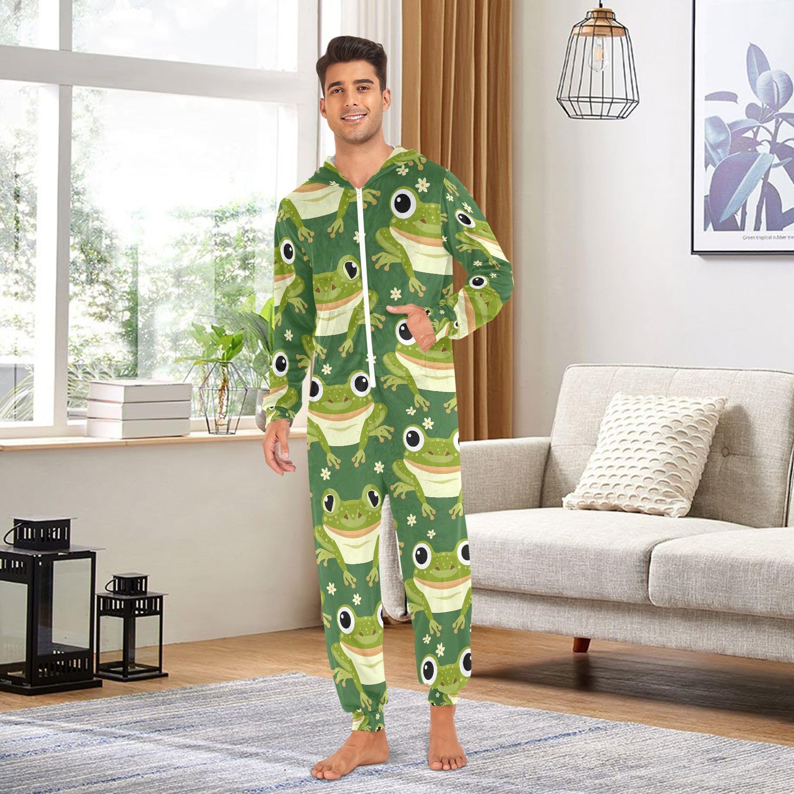 Mnsruu Grenouille Vert Animal Adulte Onesie pour Hommes Pyjama Polaire à Capuche Combinaison Loungewear Vêtements de Nuit