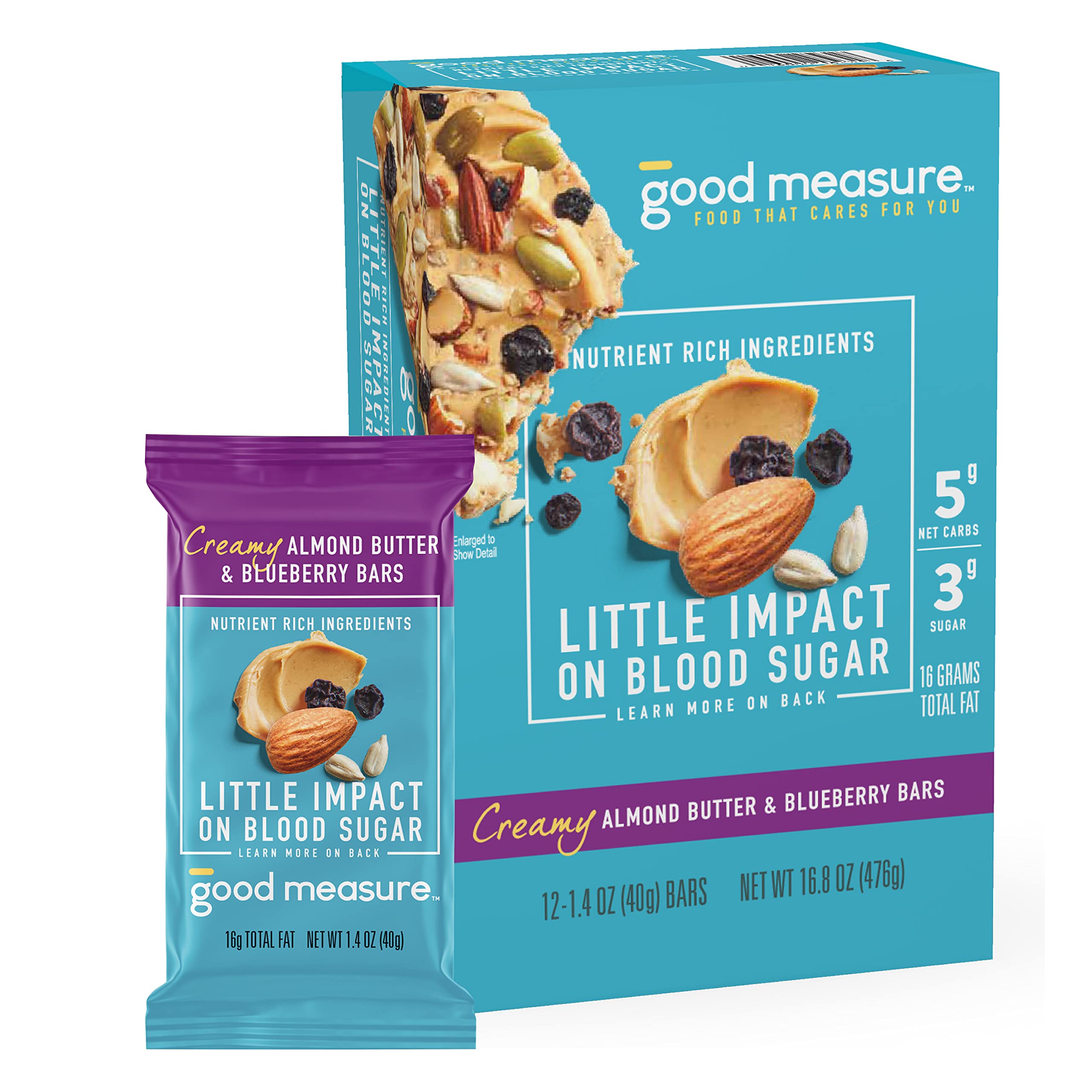 Good Measure Low Carb Snack Bars, Almond Butter & Blueberry, Zero Added Sugar, Gluten Free, Keto Friendly, 8g Protein, Little Impact on Blood Sugar, Made in the USA, 1.4oz, 12 Count