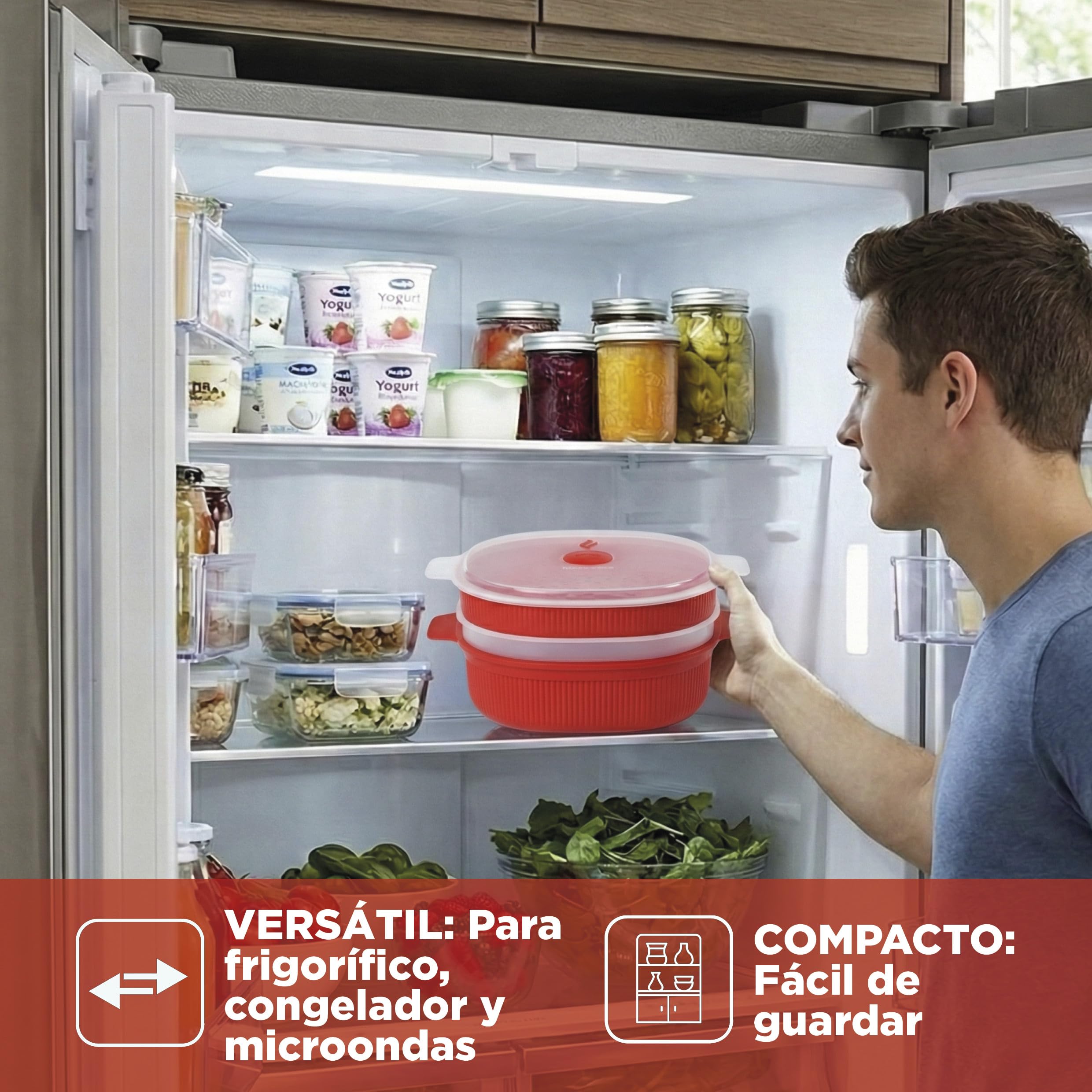 Snips - Vaporera Cocinar Vapor Microondas con Tapa, Roja 4L y 2 Cestas Extraíbles, Cocina al Vapor Rápida y Saludable, Recipiente Bote Microondas 26.5x22x13.5, Recipientes para Alimentos Made in Italy