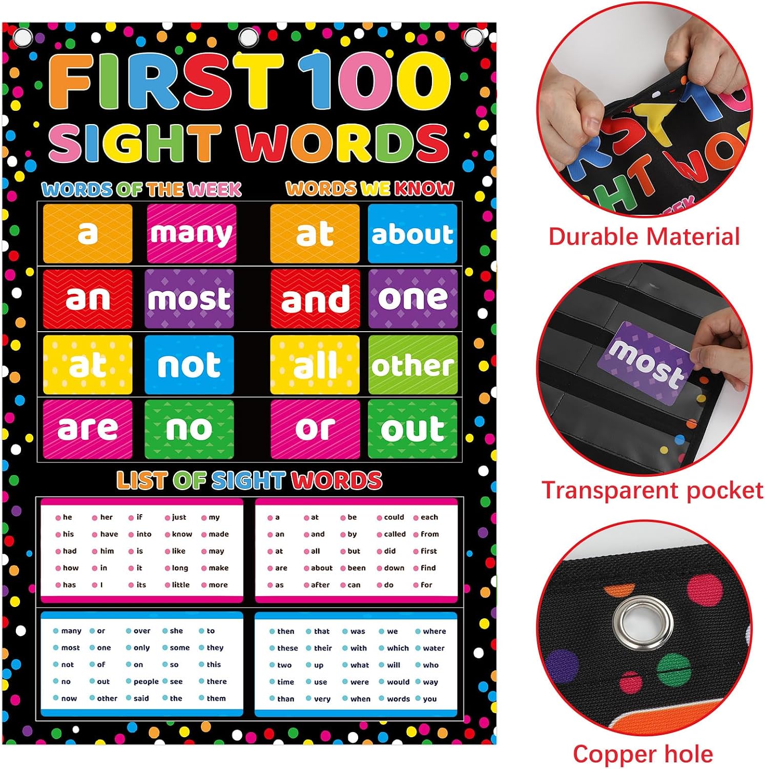 Back to School First 100 Sight Words Pocket Chart for Chalkboard Brights Comprehensive Decoration Educational Chart for Classroom Wall Sight Word Reading Teacher Pocket Chart for Home School Decor