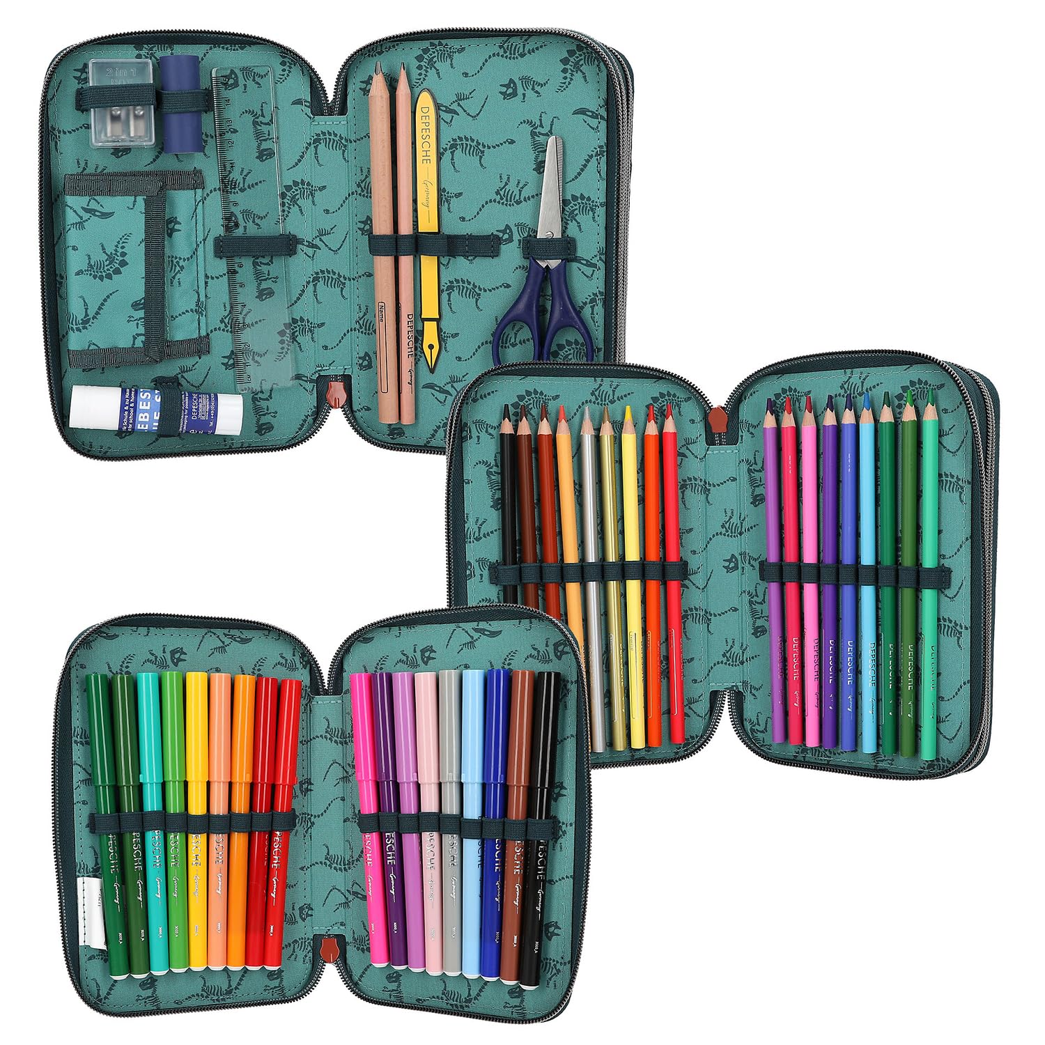 Depesche 11757 Dino World Danger Trousse à 3 Compartiments avec Motif Trex, Vert foncé, Crayons de Couleur, règle, Ciseaux, etc., Bleu [Toy]