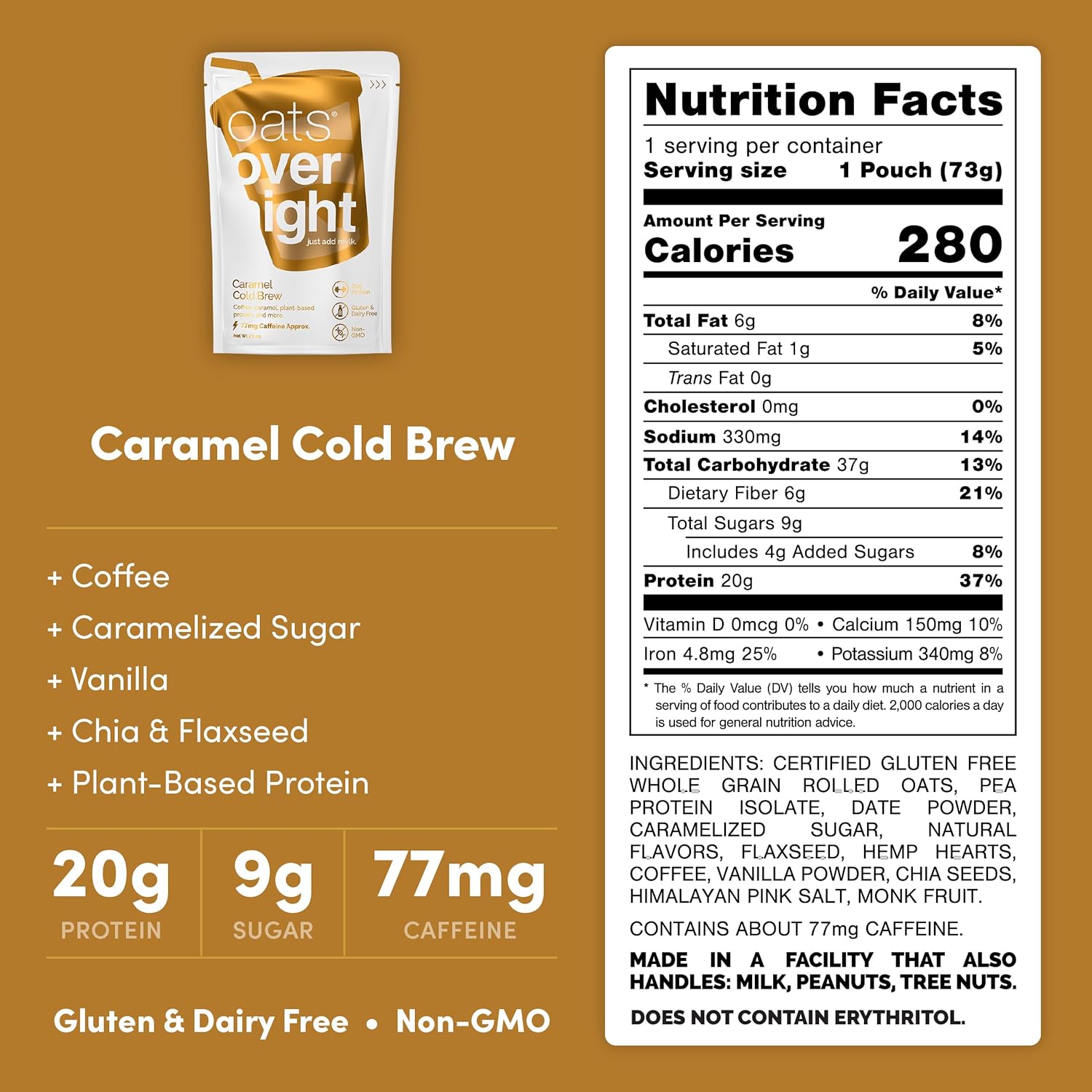 Oats Overnight - Caramel Cold Brew - Vegan, 20g Protein, High Fiber Breakfast Shake 65mg Caffeine - Gluten Free, Non GMO Oatmeal (2.6 oz per meal) (8 Pack + Shaker Bottle)