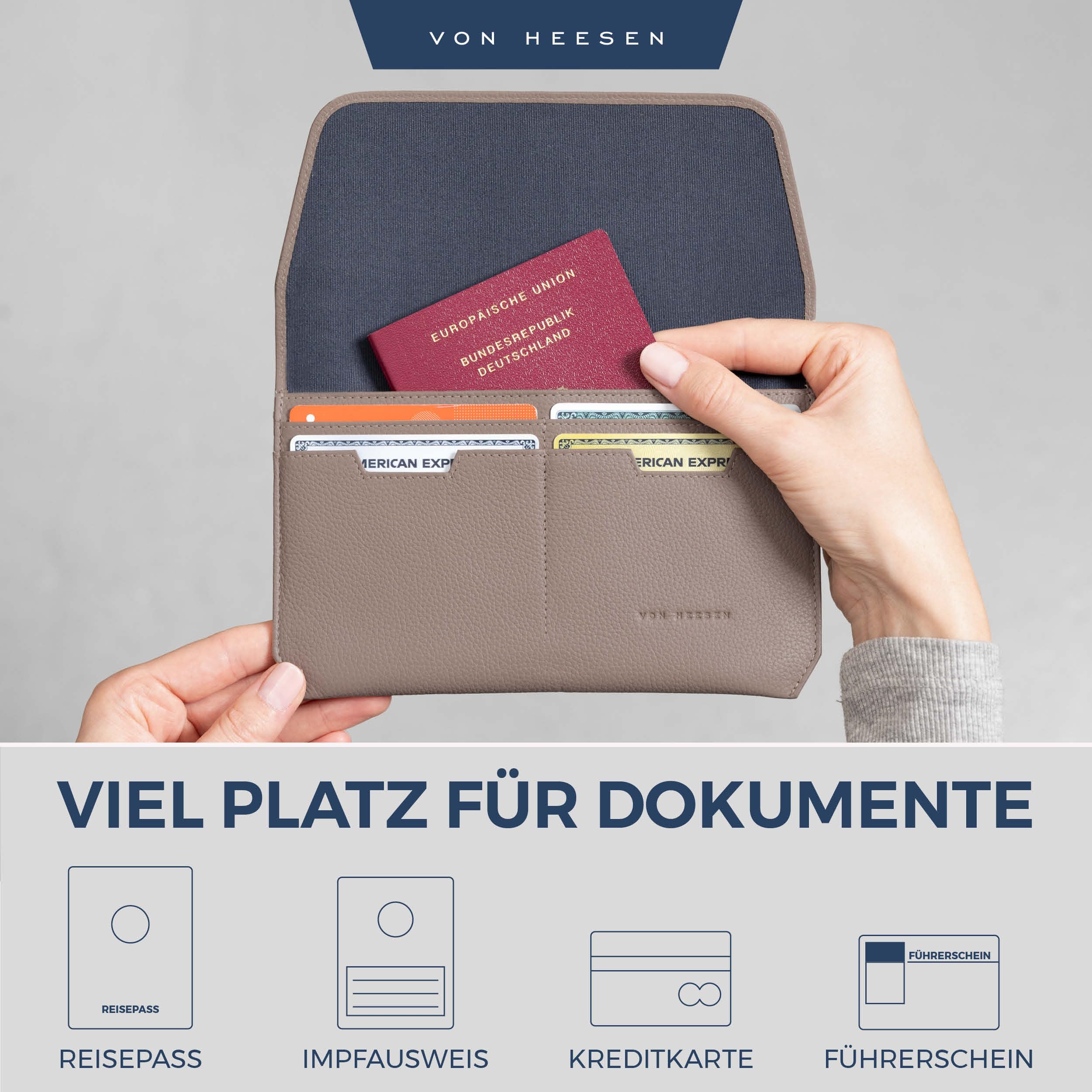 VON HEESEN Funda para pasaporte, pardo, talla única, Horizontal
