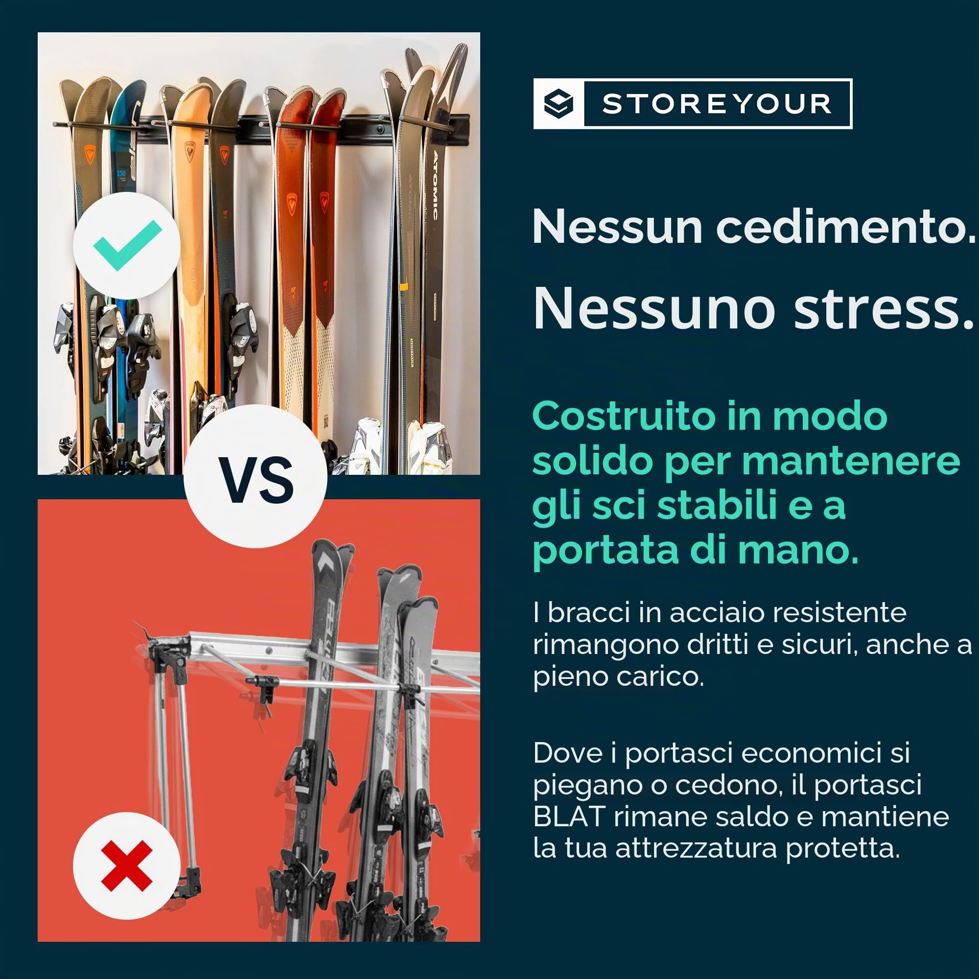 StoreYourBoard Porta sci a muro, può contenere 8 paia, supporto per sci da casa in acciaio e garage (Nero)