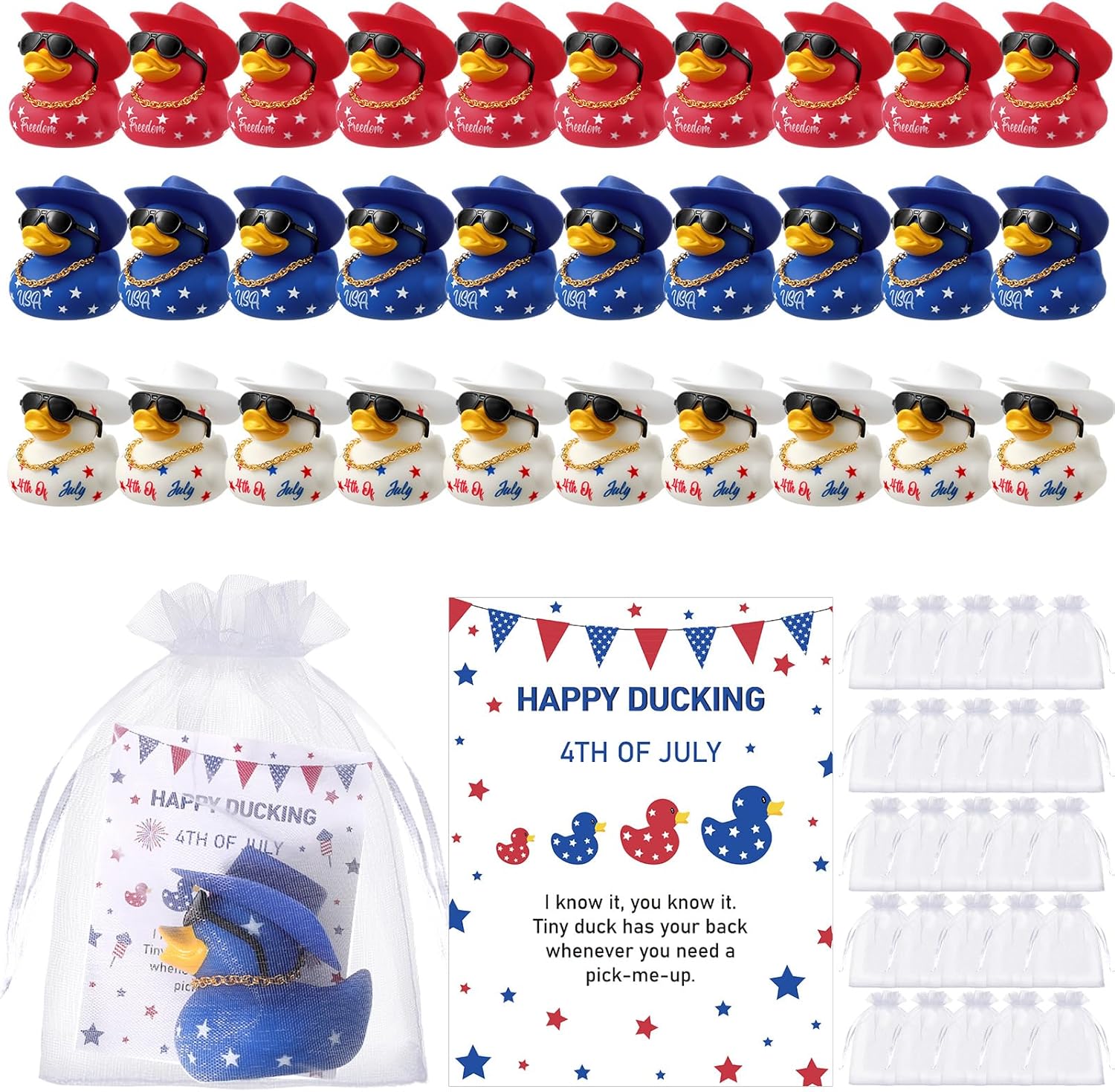 200 Pcs 4th of July Party Favor 50 Pcs Patriotic Rubber Duck 2 Inch Sunglass Independence Day Duck for Bath Pool 50 Pcs Red White Blue Card, Organza Bag and Hats for Memorial Day Gifts